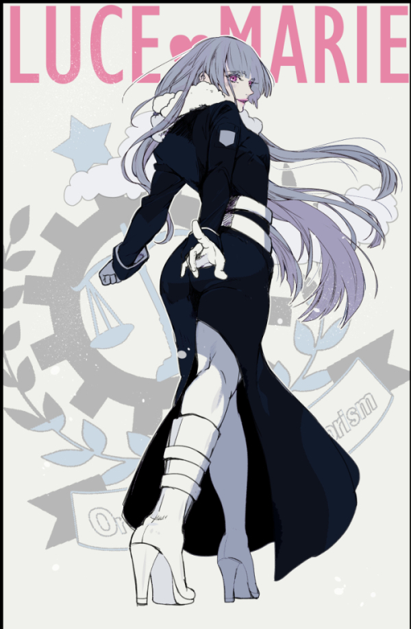 junko (junko100), higyaku no noel, 1girl, belt, black coat, blue hair, blunt bangs, boots, coat, long coat, long hair, looking back, luce marie, purple eyes, smile, solo