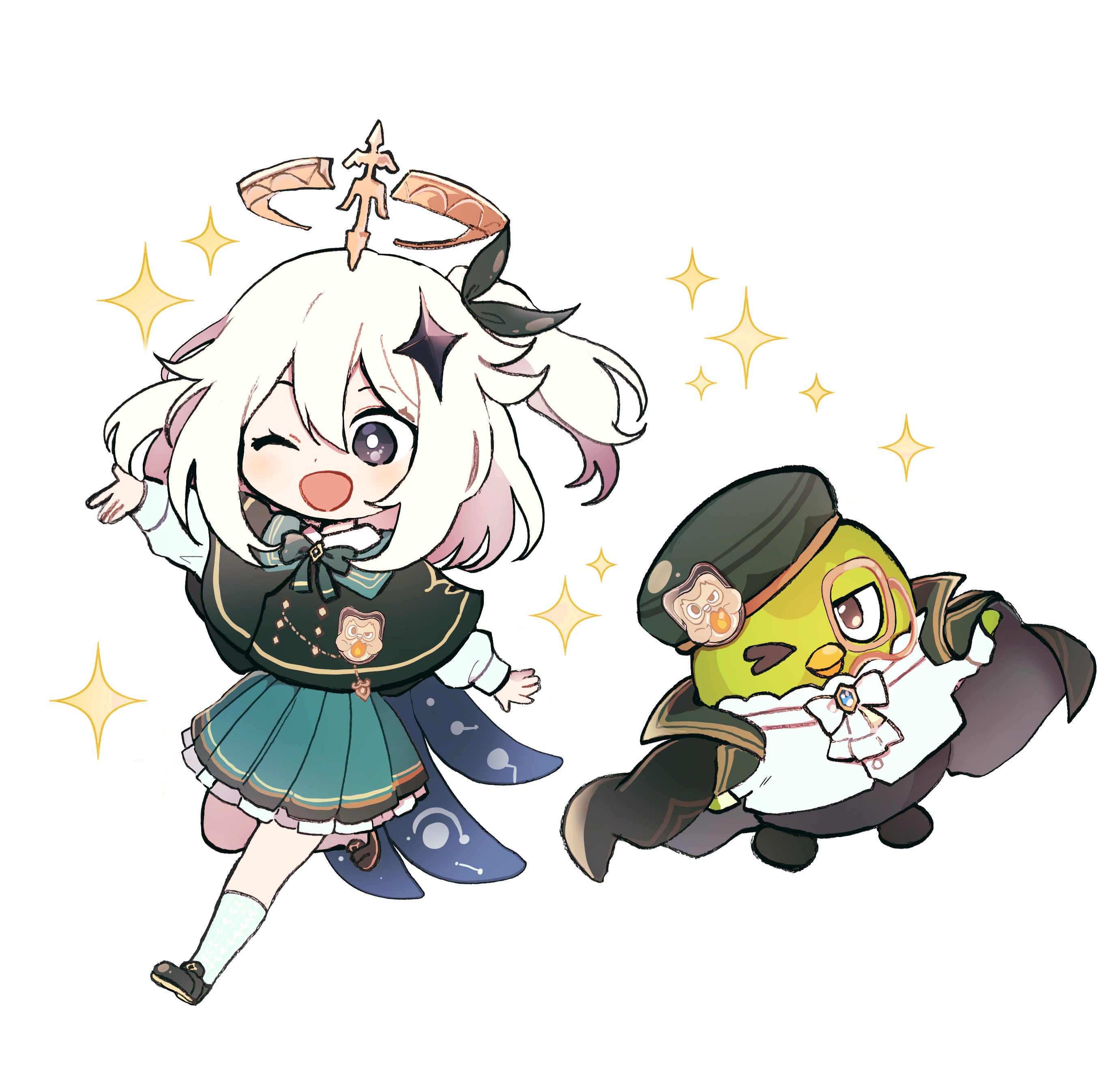 5rwpvc, duo (duolingo), paimon (genshin impact), duolingo, genshin impact, absurdres, highres, 1girl, bird, blonde hair, blue eyes, hair between eyes, hair ornament, halo, hat, looking at viewer, open mouth, owl, paimon (duolingo) (genshin impact), short hair, simple background, smile, white background, white hair