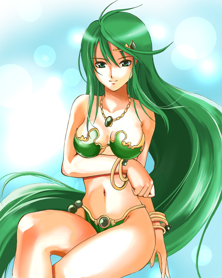 kurosarena, barbariccia, rydia (ff4), final fantasy, final fantasy iv, 1girl, absurdly long hair, armor, bikini, bikini armor, bracelet, cosplay, green eyes, green hair, hair ornament, jewelry, long hair, lots of jewelry, necklace, smile, swimsuit, very long hair
