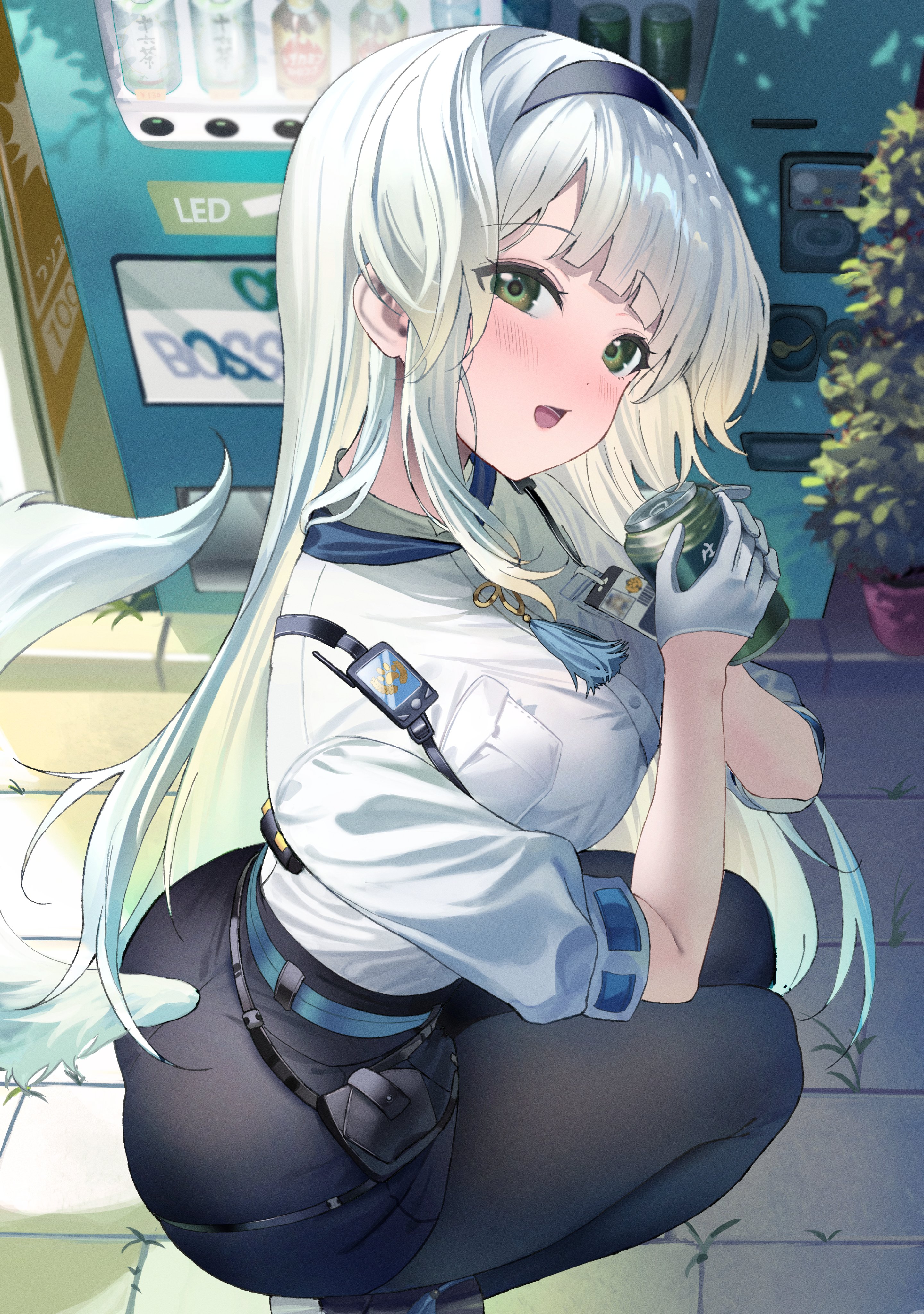 shaffelli, shioriha ruri, shioriha ruri (1st costume), nijisanji, absurdres, highres, 1girl, belt, black hairband, black pantyhose, blonde hair, blue belt, blush, can, dog girl, dog tail, gloves, green eyes, hairband, half gloves, holding, holding can, id card, lanyard, long hair, looking at viewer, open mouth, outdoors, pantyhose, police, police uniform, policewoman, solo, squatting, tail, vending machine, virtual youtuber
