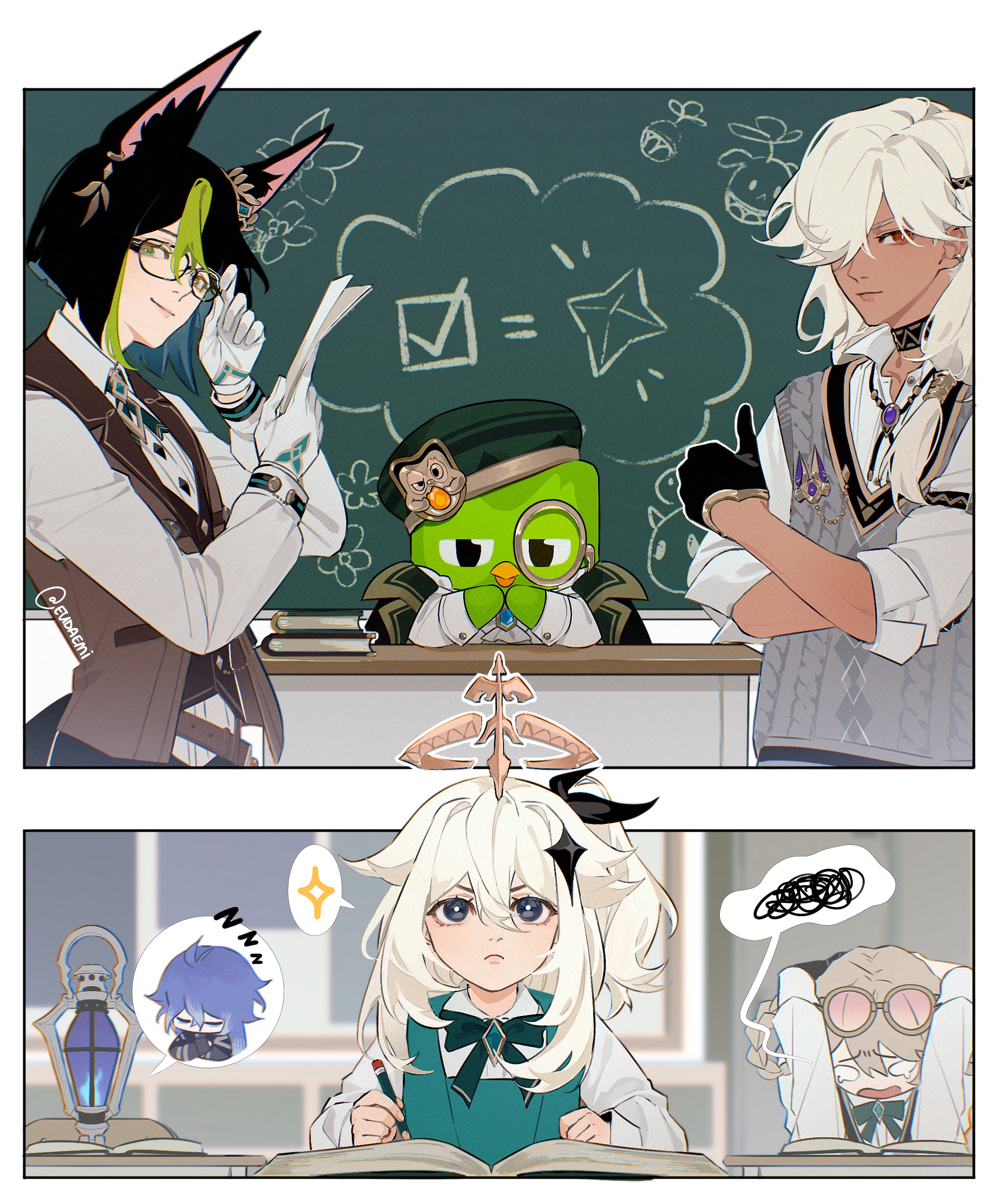 eudaemi, cyno (genshin impact), duo (duolingo), flins (genshin impact), jahoda (genshin impact), paimon (genshin impact), tighnari (genshin impact), duolingo, genshin impact, absurdres, highres, 2boys, 2girls, animal ear fluff, animal ears, black hair, blonde hair, closed mouth, cyno (duolingo) (genshin impact), dark-skinned male, dark skin, fox boy, fox ears, green eyes, green hair, hair between eyes, hair ornament, hair over one eye, halo, hat, holding, long hair, looking at viewer, male focus, multicolored hair, multiple boys, multiple girls, paimon (duolingo) (genshin impact), red eyes, short hair, third eye, tighnari (duolingo) (genshin impact), white hair