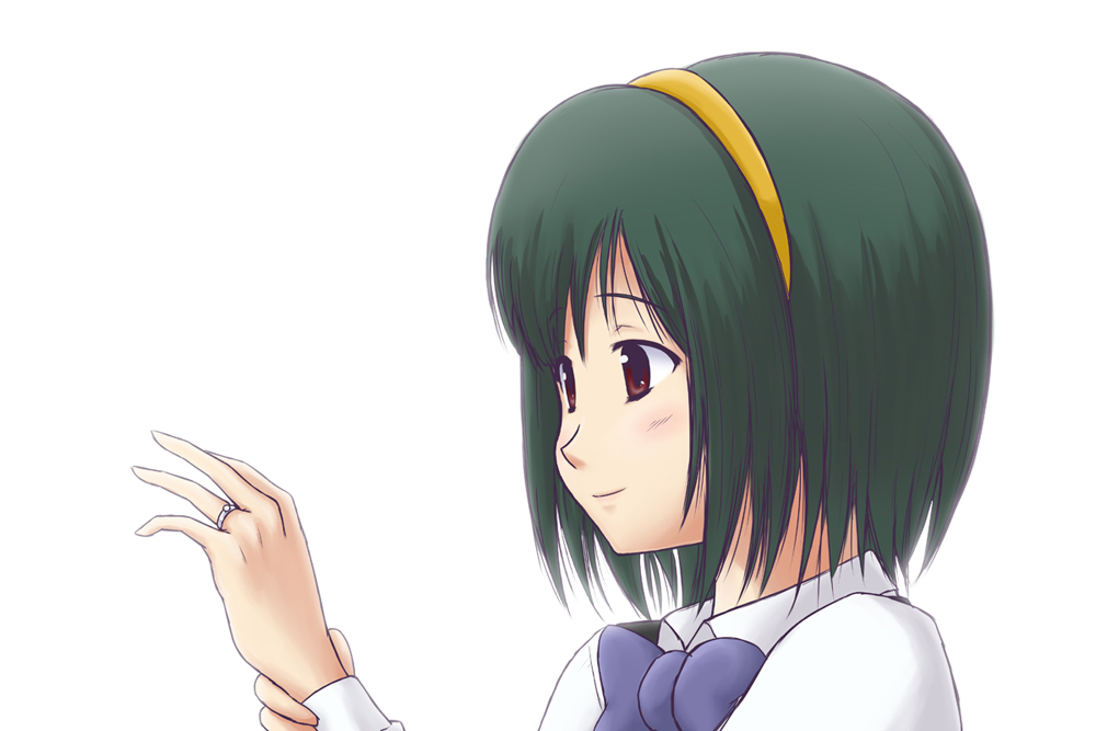 puton, otonashi kotori, idolmaster, idolmaster (classic), 00s, 1girl, female focus, green hair, jewelry, ornate ring, red eyes, ring, short hair, simple background, solo, wedding ring, white background