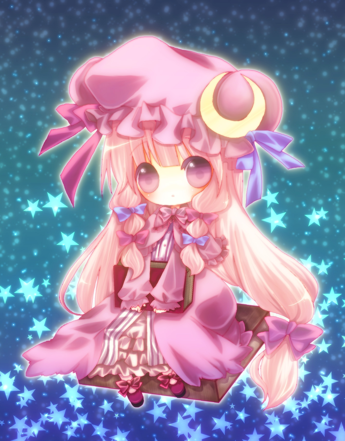keimari, patchouli knowledge, touhou, highres, 1girl, bow, braid, chibi, female focus, hat, long hair, low-tied long hair, pink bow, pink eyes, pink hair, solo