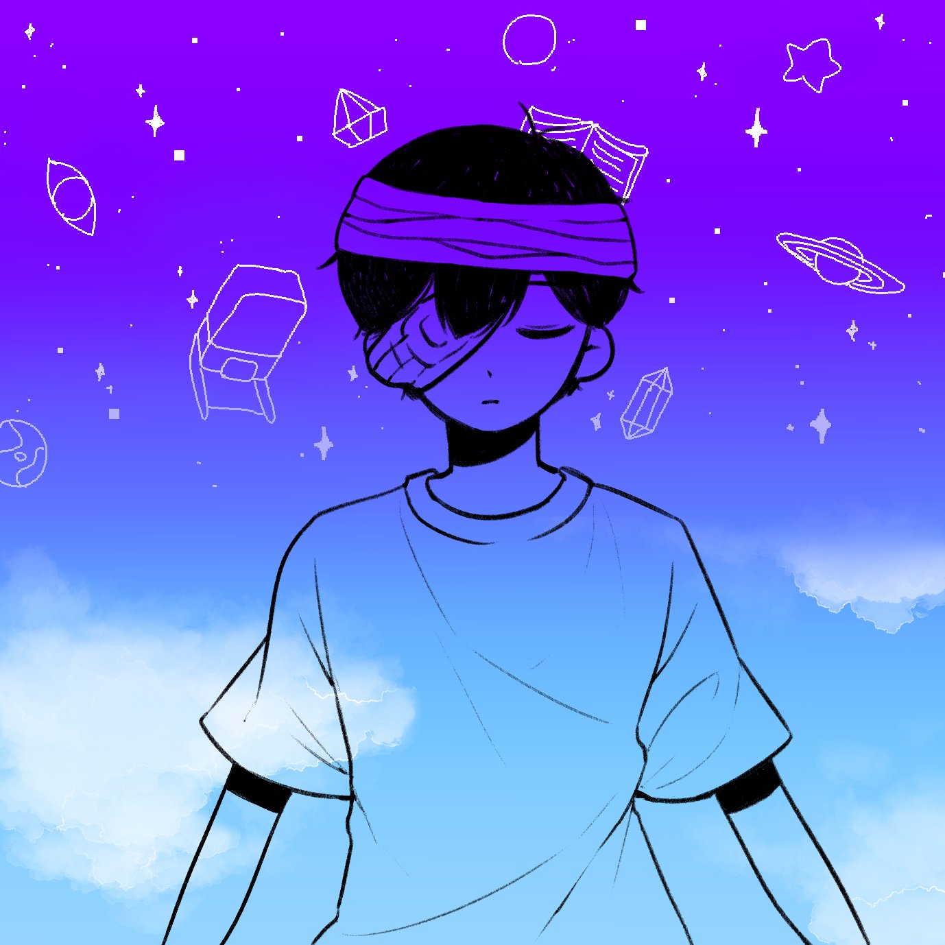 sunny (hospital gown) (omori), sunny (omori), omori, commentary, highres, spoilers, 1boy, :|, antenna hair, arms at sides, arms up, b hong, bandage over one eye, bandaged head, bandages, black hair, blue sky, closed eyes, closed mouth, cloud, day, double-parted bangs, expressionless, facing viewer, gradient sky, male focus, one eye covered, outdoors, purple sky, romaji commentary, scene reference, shirt, short hair, short sleeves, simple background, sky, solo, sparkle, star (sky), star (symbol), straight-on, u u, upper body, very short hair