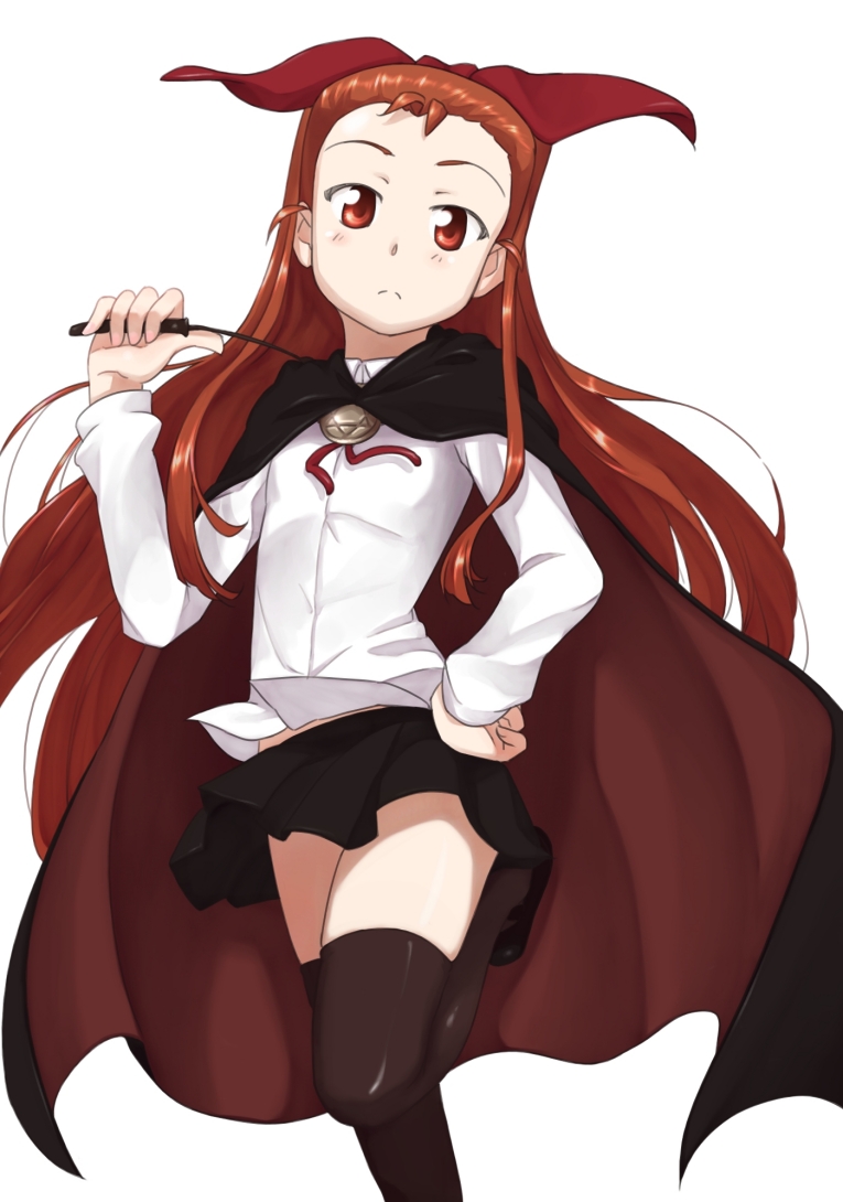 ttomm, kugimiya rie, louise francoise le blanc de la valliere, minase iori, idolmaster, idolmaster (classic), zero no tsukaima, 1girl, black thighhighs, bow, brown hair, cape, cosplay, female focus, hair bow, hand on own hip, hip focus, long hair, louise francoise le blanc de la valliere (cosplay), pentacle, red eyes, skirt, solo, standing, standing on one leg, thighhighs, voice actor connection, white background, zettai ryouiki