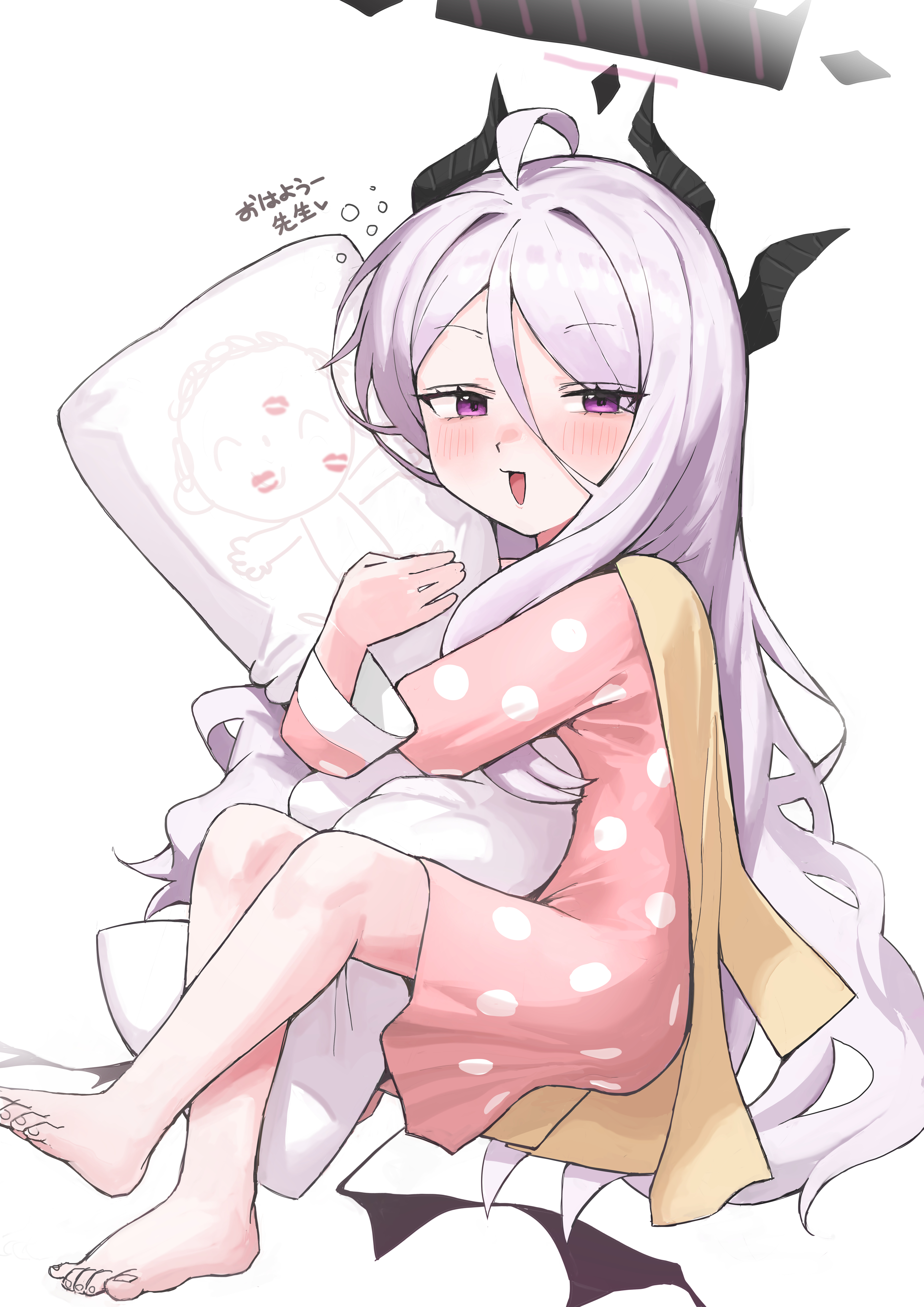 hogo (otora50), doodle sensei (blue archive), hina (blue archive), hina (pajamas) (blue archive), sensei (blue archive), blue archive, absurdres, highres, ahoge, black halo, blush, dakimakura (object), demon girl, demon horns, demon wings, halo, horns, jacket, long hair, looking at viewer, low wings, open mouth, pajamas, pillow, pink pajamas, polka dot, polka dot pajamas, purple eyes, sitting, very long hair, white hair, wings, yellow jacket