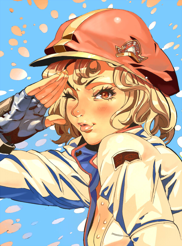 orushibu, original, blonde hair, fingerless gloves, gloves, hat, one eye closed, salute, short hair, solo, wink
