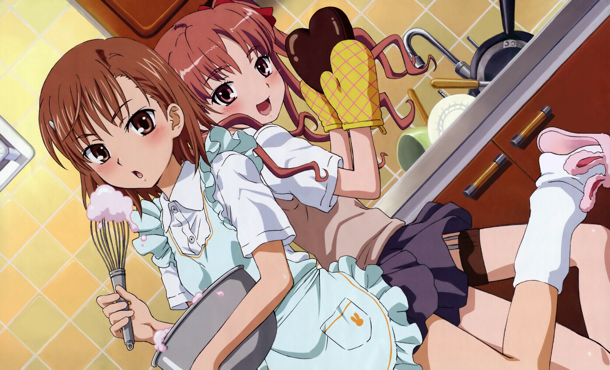 nomura fusako, misaka mikoto, shirai kuroko, toaru kagaku no railgun, toaru majutsu no index, detexted, highres, third-party edit, 00s, 2girls, apron, blush, brown hair, chocolate, food, heart, multiple girls, school uniform, short hair, smile, socks, thigh strap, twintails