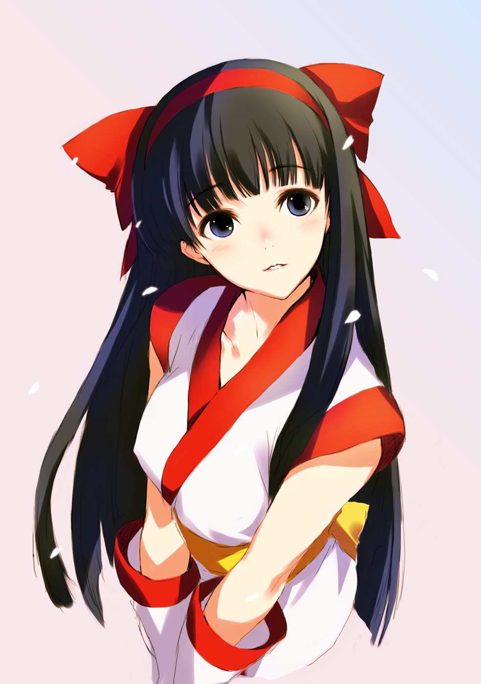 kawata hisashi, nakoruru, samurai spirits, snk, highres, 1girl, black hair, blue eyes, bow, female focus, hair bow, hairband, japanese clothes, long hair, red bow, solo