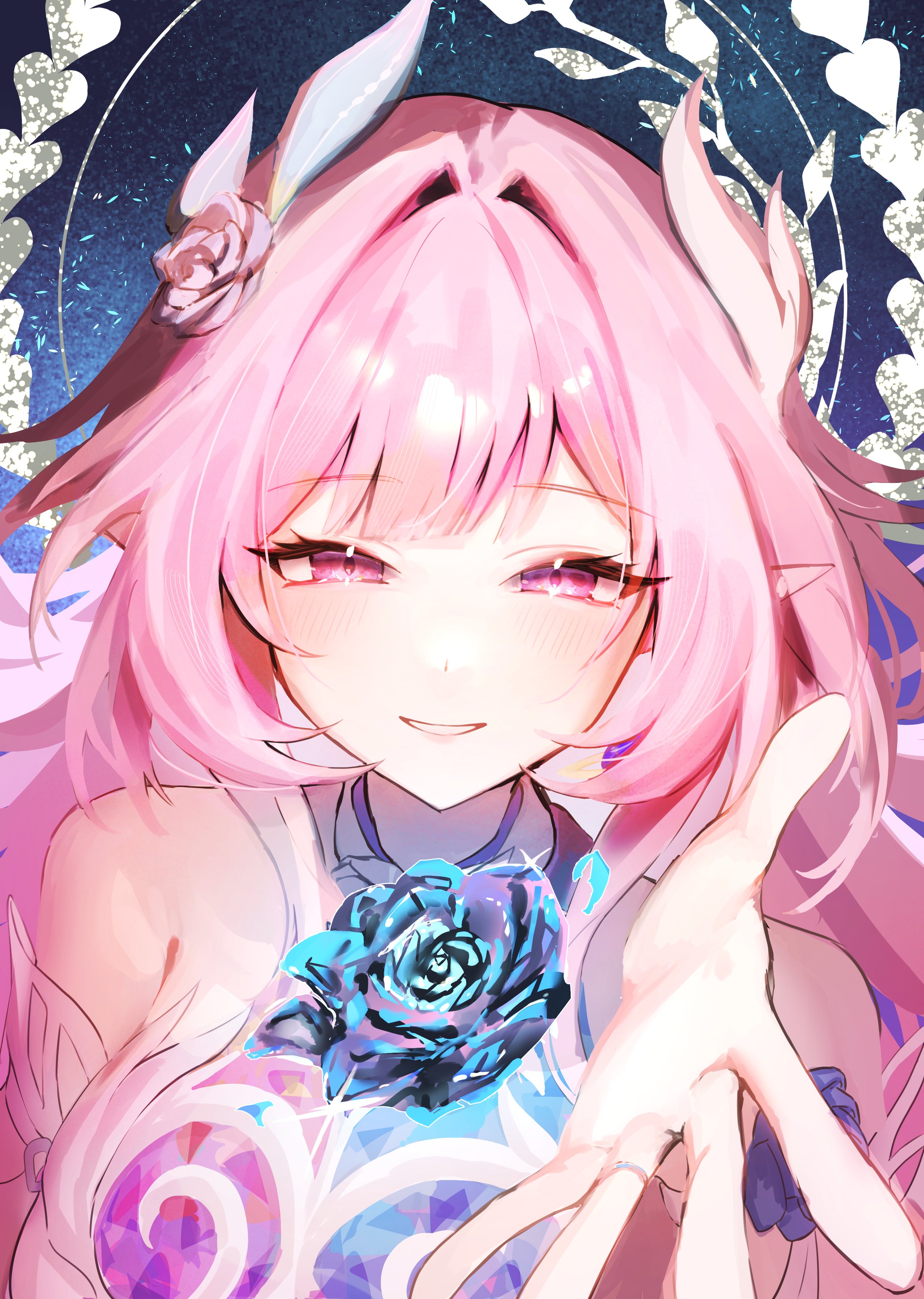 neneneneko, cyrene (honkai: star rail), honkai: star rail, honkai (series), absurdres, commentary request, highres, 1girl, bare shoulders, blue flower, blue rose, cover image, cyrene (demiurge) (honkai: star rail), flower, hair flower, hair ornament, looking at viewer, parted lips, pink eyes, pink flower, pink hair, pink rose, pointy ears, rose, sidelocks, smile, solo, upper body