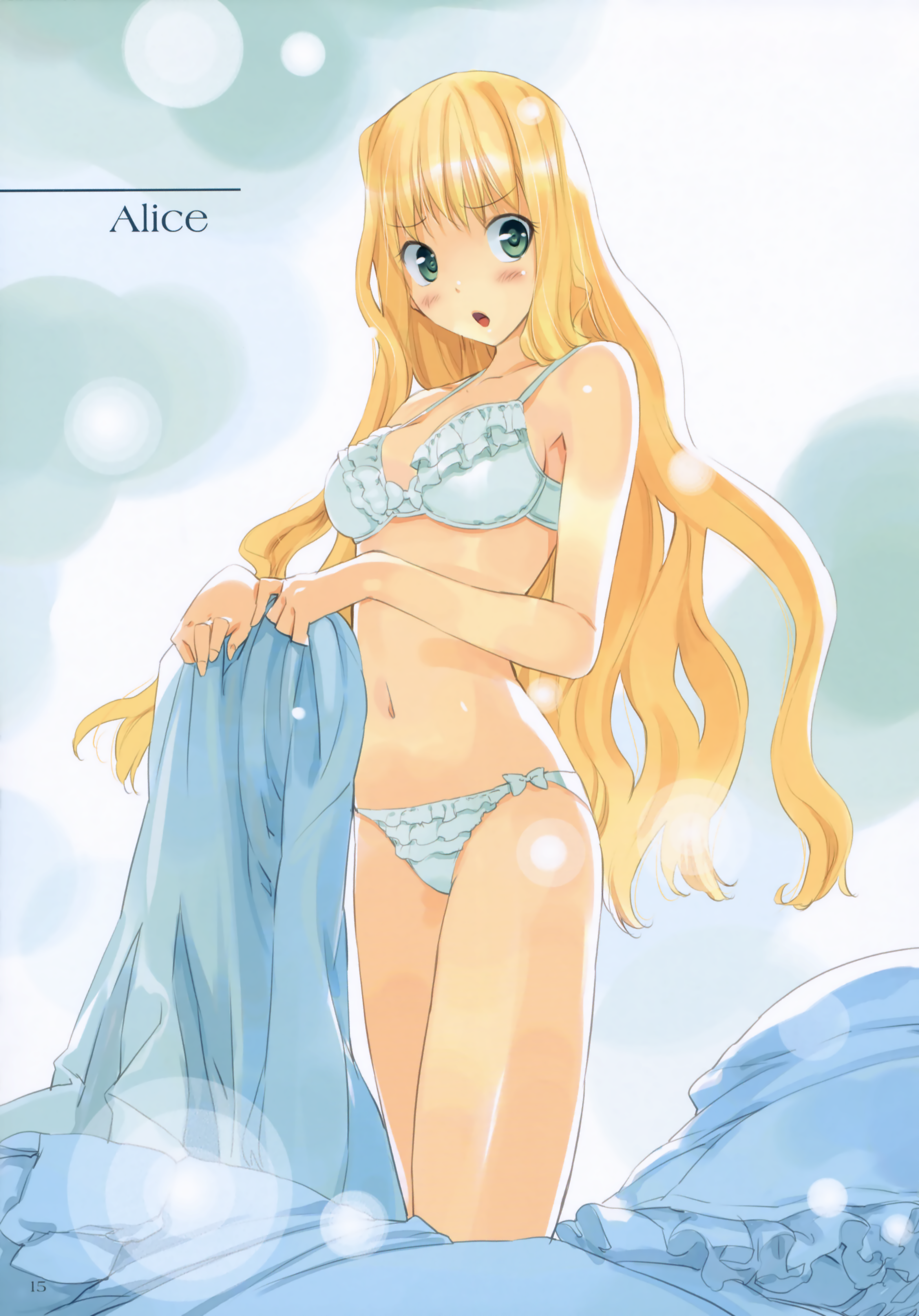 ueda ryou, alice (alice in wonderland), alice's adventures in wonderland, absurdres, highres, 1girl, :o, blonde hair, blush, bra, female focus, frilled bra, frilled panties, frills, green eyes, lingerie, long hair, navel, open mouth, panties, solo, underwear, underwear only, very long hair