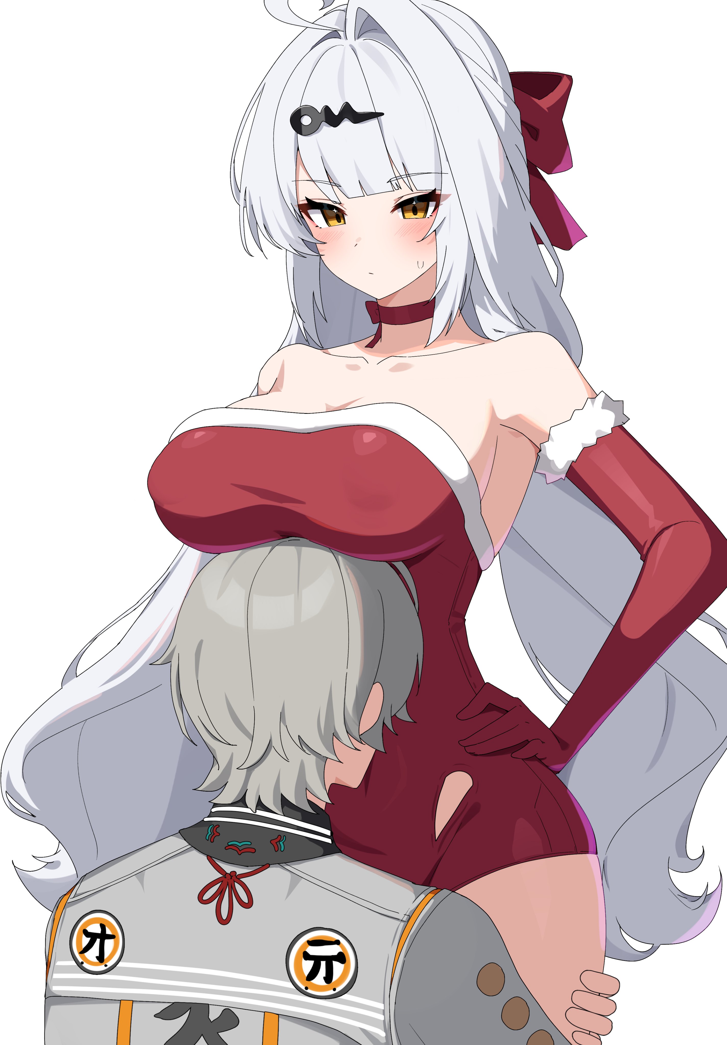 w.k, wise (soaring crane) (zenless zone zero), wise (zenless zone zero), yixuan (zenless zone zero), zenless zone zero, absurdres, highres, 1boy, 1girl, alternate costume, long hair, official alternate costume, santa costume, simple background, white background