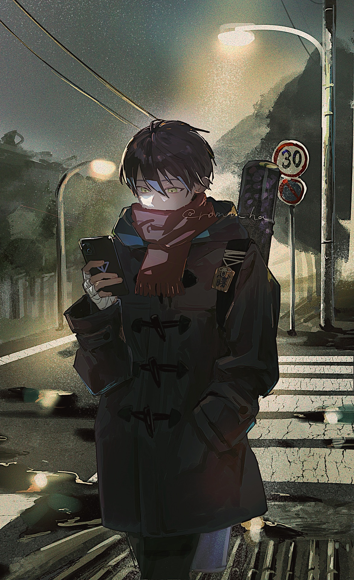 ninihhc, kenmochi touya, nijisanji, highres, 1boy, bandaged hand, bandages, black coat, black pants, buttons, cellphone, charm (object), coat, covered mouth, cowboy shot, crosswalk, double-breasted, expressionless, floating hair, green eyes, hair between eyes, hand in pocket, holding, holding phone, hood, hood down, kenmochi touya (12th costume), lamppost, long coat, looking at object, looking at phone, looking down, male focus, night, outdoors, pants, phone, power lines, puddle, purple hair, red scarf, reflection, reflective liquid, road, road closed to vehicles sign, road sign, scarf, scarf over mouth, short hair, sign, signature, smartphone, solo, speed limit sign, star (sky), tree, twitter username, utility pole, virtual youtuber, walking, weapon bag
