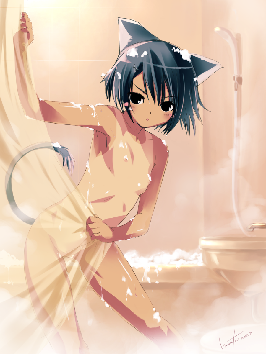 kawata hisashi, original, highres, tagme, 1girl, animal ears, bath, bathtub, black eyes, black hair, blush, bubble, cat ears, cat tail, covering crotch, covering privates, dark-skinned female, dark skin, facing viewer, faucet, feet out of frame, female focus, flat chest, foam, indoors, loli, looking at viewer, nipples, nude, one-piece tan, pussy, see-through clothes, short hair, shower curtain, shower head, showering, signature, sink, small areolae, small nipples, solo, tail, tan, tanline, wet