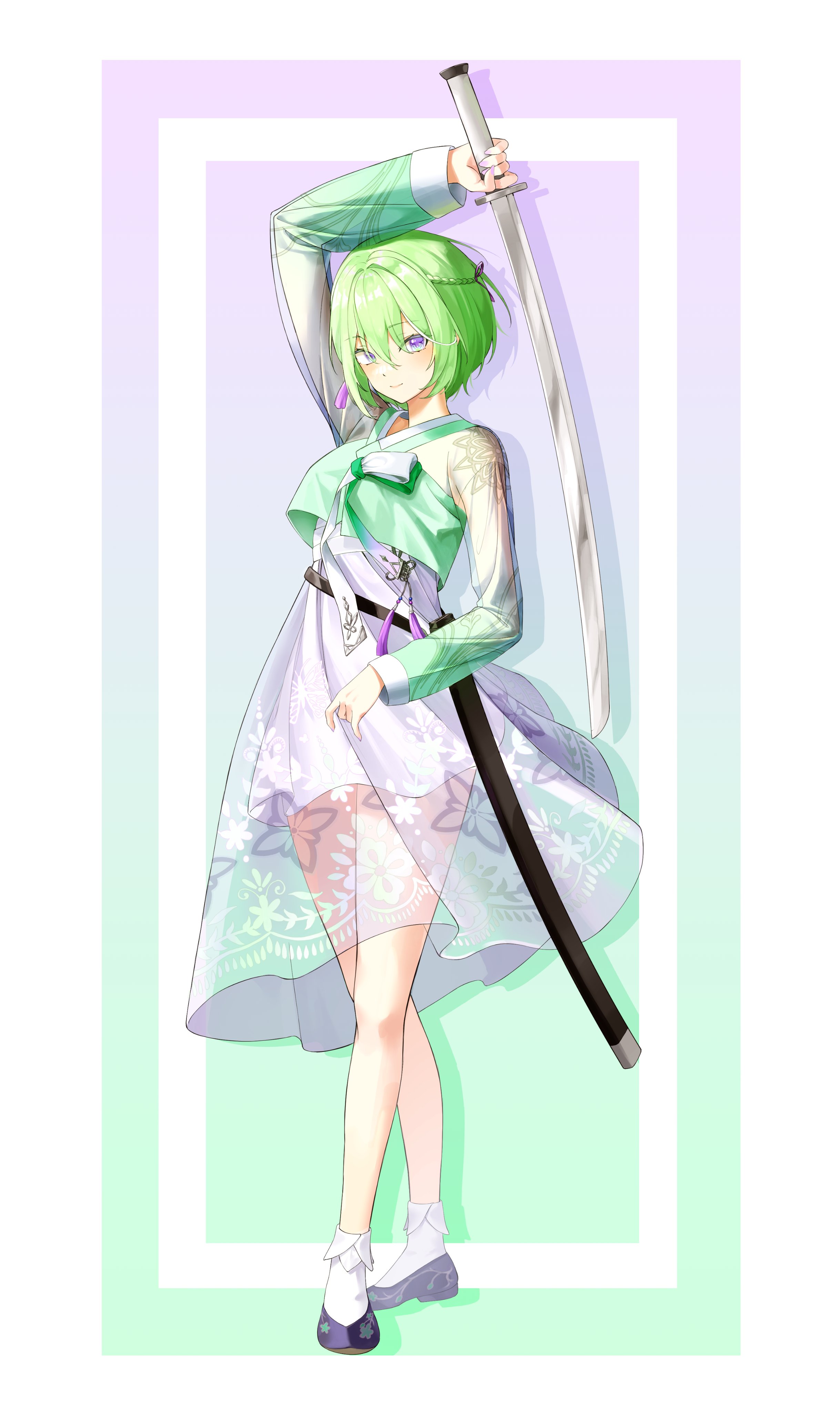 moon (restire), yuzuha riko, stellive, absurdres, hashtag-only commentary, highres, 1girl, black shoes, braid, closed mouth, cropped shirt, dress, floral print, full body, gradient background, green hair, green shirt, hair between eyes, half up braid, holding, holding sword, holding weapon, katana, layered dress, long bangs, long sleeves, purple eyes, see-through clothes, see-through dress, shadow, sheath, shirt, shoes, short hair, smile, socks, solo, standing, sword, virtual youtuber, weapon, white dress, white socks