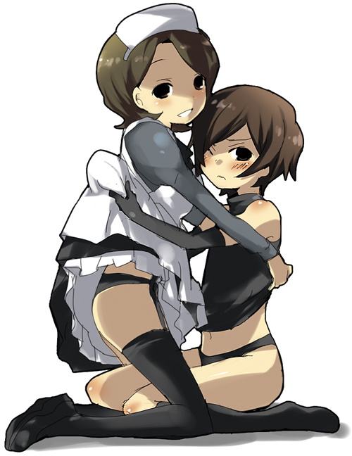 kl (dgzonbi), lelouch vi britannia, shinozaki sayoko, code geass, 00s, blush, brown eyes, brown hair, elbow gloves, gloves, maid, panties, thighhighs, underwear, undressing, wince