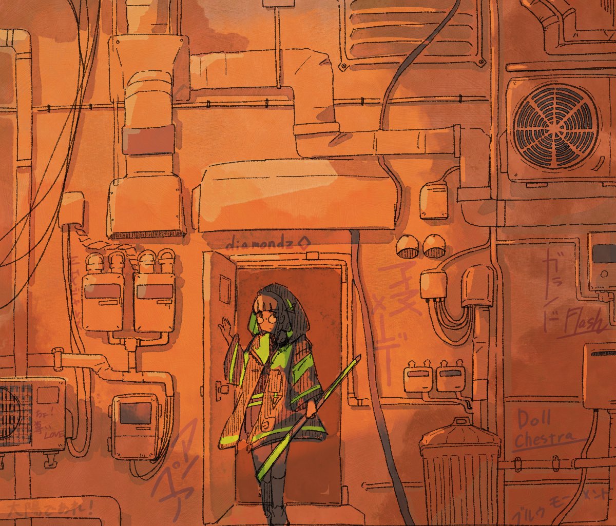 kachimachi kosuzu, link! like! love live!, love live!, commentary request, translated, 1girl, a vabo., black coat, blunt bangs, closed mouth, coat, condenser unit, expressionless, glasses, graffiti, hatching (texture), holding, hood, hood up, hooded coat, i my mayday, linear hatching, looking at viewer, open clothes, open coat, open door, outdoors, solo, virtual youtuber