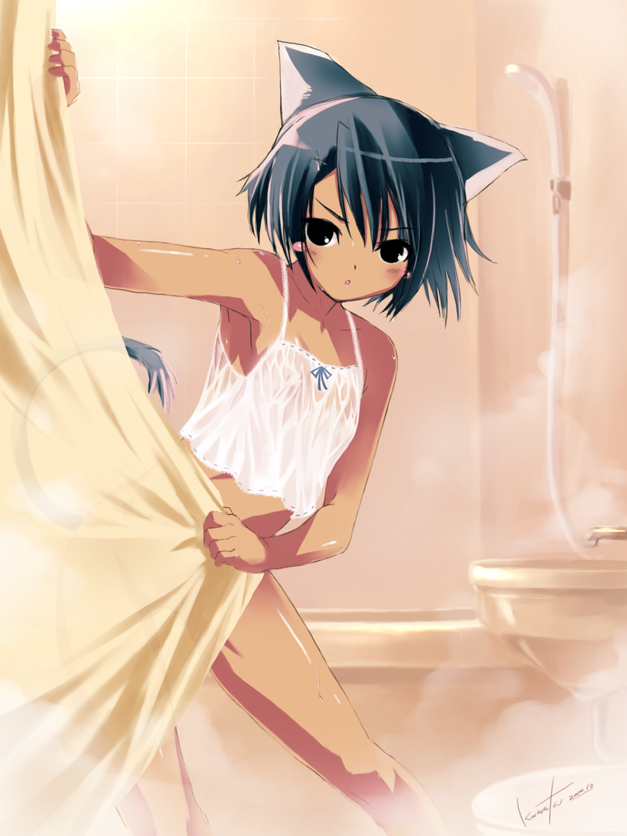 kawata hisashi, original, highres, 1girl, animal ears, bath, bottomless, breasts, bubble, camisole, cat ears, cat tail, female focus, nipples, see-through clothes, shirt, showering, signature, small breasts, solo, tail, wet, wet clothes, wet shirt