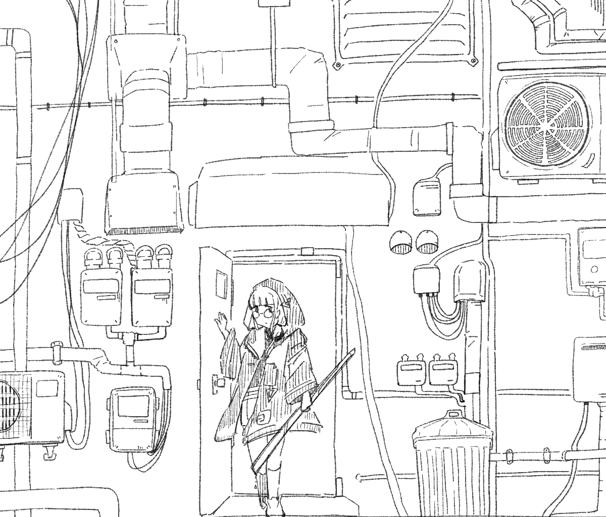 kachimachi kosuzu, link! like! love live!, love live!, commentary, 1girl, a vabo., blunt bangs, closed mouth, coat, condenser unit, expressionless, glasses, graffiti, greyscale, hatching (texture), holding, hood, hood up, hooded coat, i my mayday, linear hatching, lineart, looking at viewer, monochrome, open clothes, open coat, open door, outdoors, solo, virtual youtuber