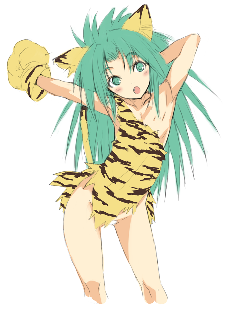 kawata hisashi, cham cham, samurai spirits, snk, 1girl, animal ears, animal hands, animal print, armpits, arms up, cat ears, female focus, flat chest, gloves, green eyes, green hair, long hair, maebari, matching hair/eyes, no panties, paw gloves, solo, tiger print