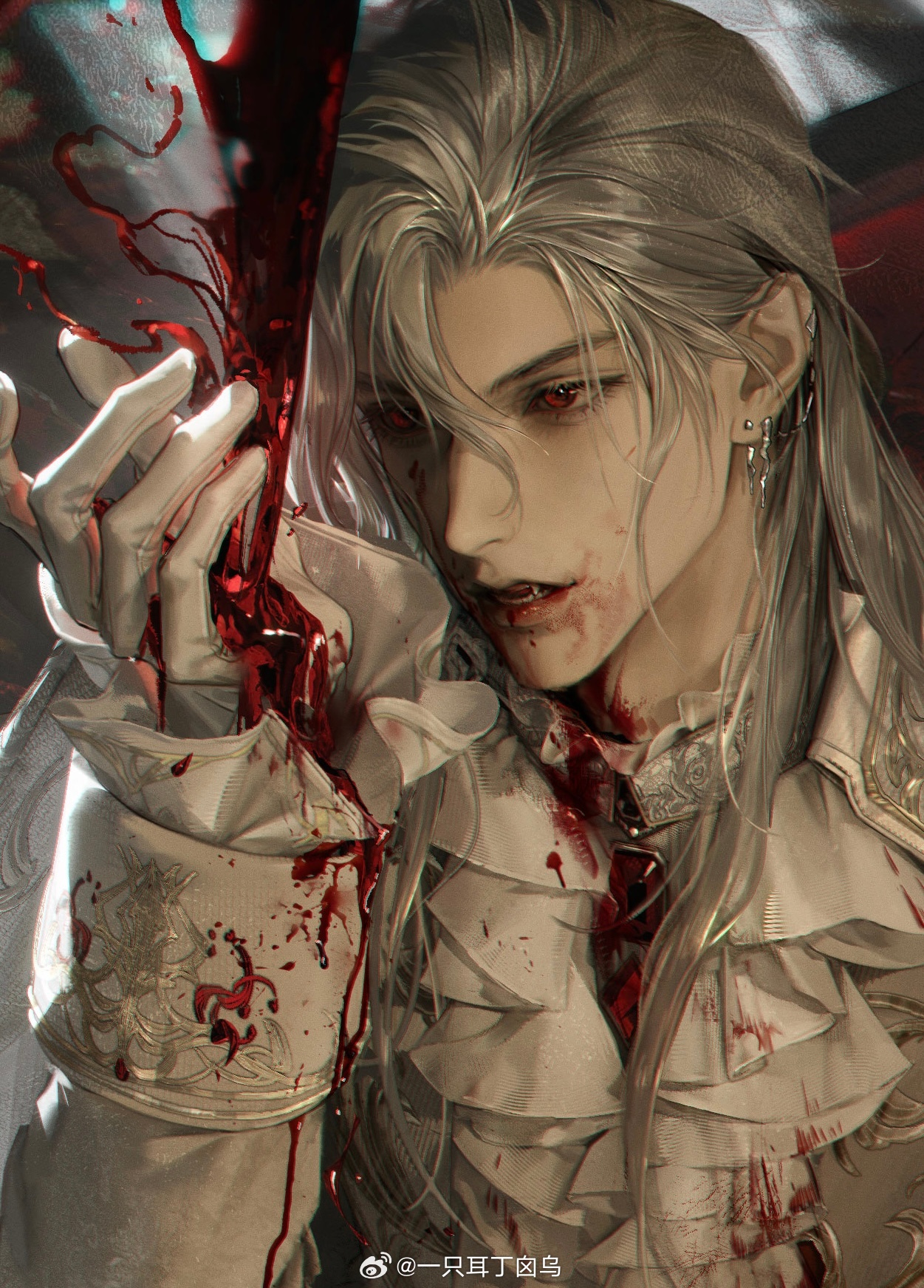 yi zhi er ding xin wu, sylus (love and deepspace), love and deepspace, highres, 1boy, aegyo sal, blood, blood from mouth, blood on clothes, blood on face, collared shirt, earrings, fang, gloves, goth fashion, grey hair, hair between eyes, jacket, jewelry, long hair, male focus, official alternate costume, official alternate hairstyle, parted bangs, parted lips, portrait, red eyes, shirt, solo, teeth, very long hair, watermark, weibo username, weibo watermark, white gloves, white jacket, white shirt