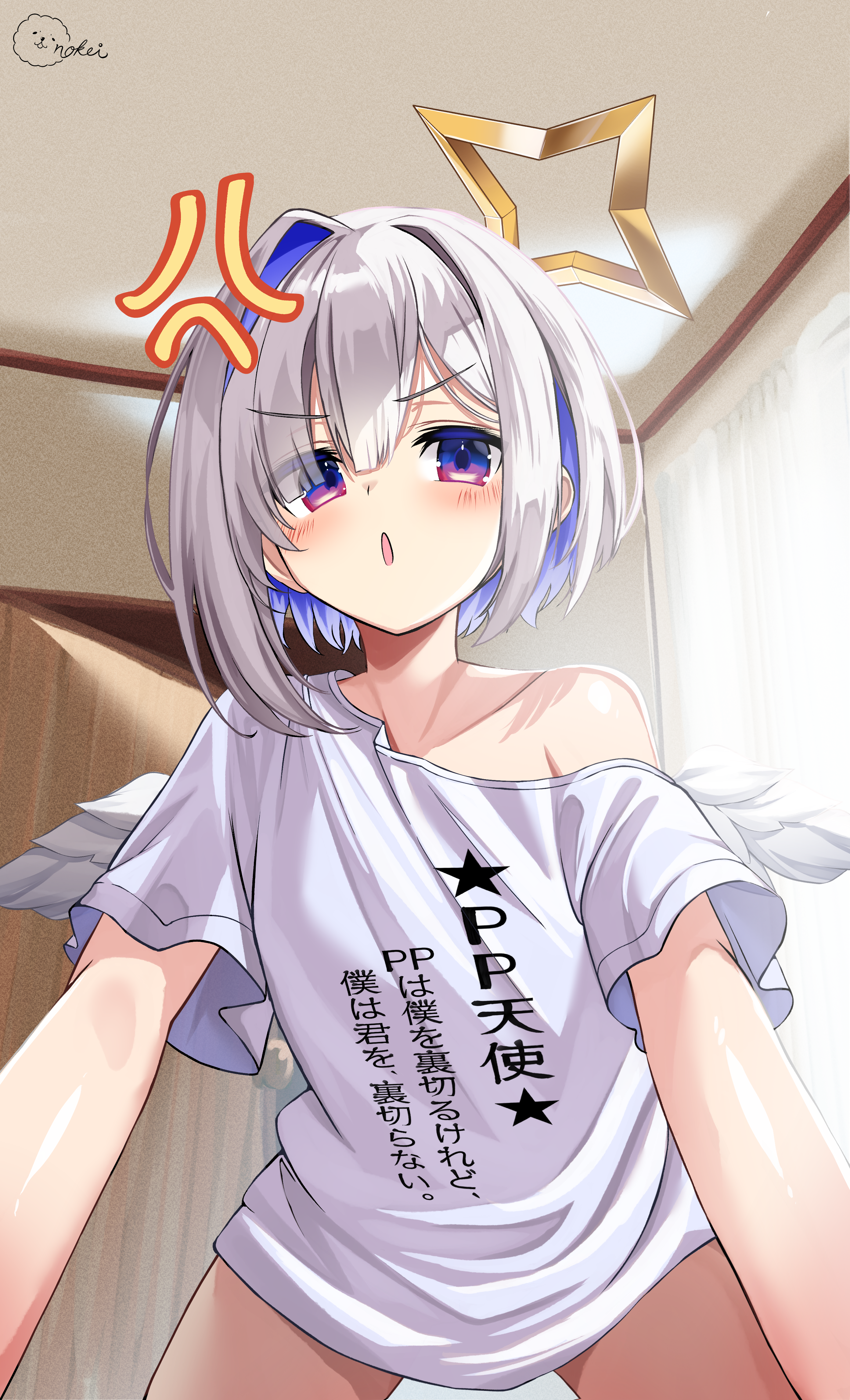 inokeiwd, amane kanata, hololive, absurdres, commentary request, highres, 1girl, :o, all fours, angel, angel wings, anger vein, blue eyes, blue hair, blunt bangs, blush, breasts, clothes writing, collarbone, colored inner hair, feathered wings, from below, gradient eyes, grey hair, indoors, looking at viewer, loose clothes, loose shirt, mini wings, multicolored eyes, multicolored hair, naked shirt, navel, no pants, pp tenshi t-shirt, purple eyes, shirt, short hair, short sleeves, shuriken hair ornament, signature, single hair intake, single off shoulder, small breasts, solo, stomach, t-shirt, two-tone hair, v-shaped eyebrows, virtual youtuber, white shirt, wings