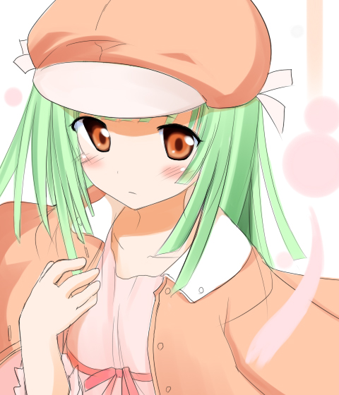 suika (kinokoh), sengoku nadeko, bakemonogatari, monogatari (series), 00s, blush, green hair, hat, jacket, jacket on shoulders, newsboy cap, orange eyes, short hair, solo