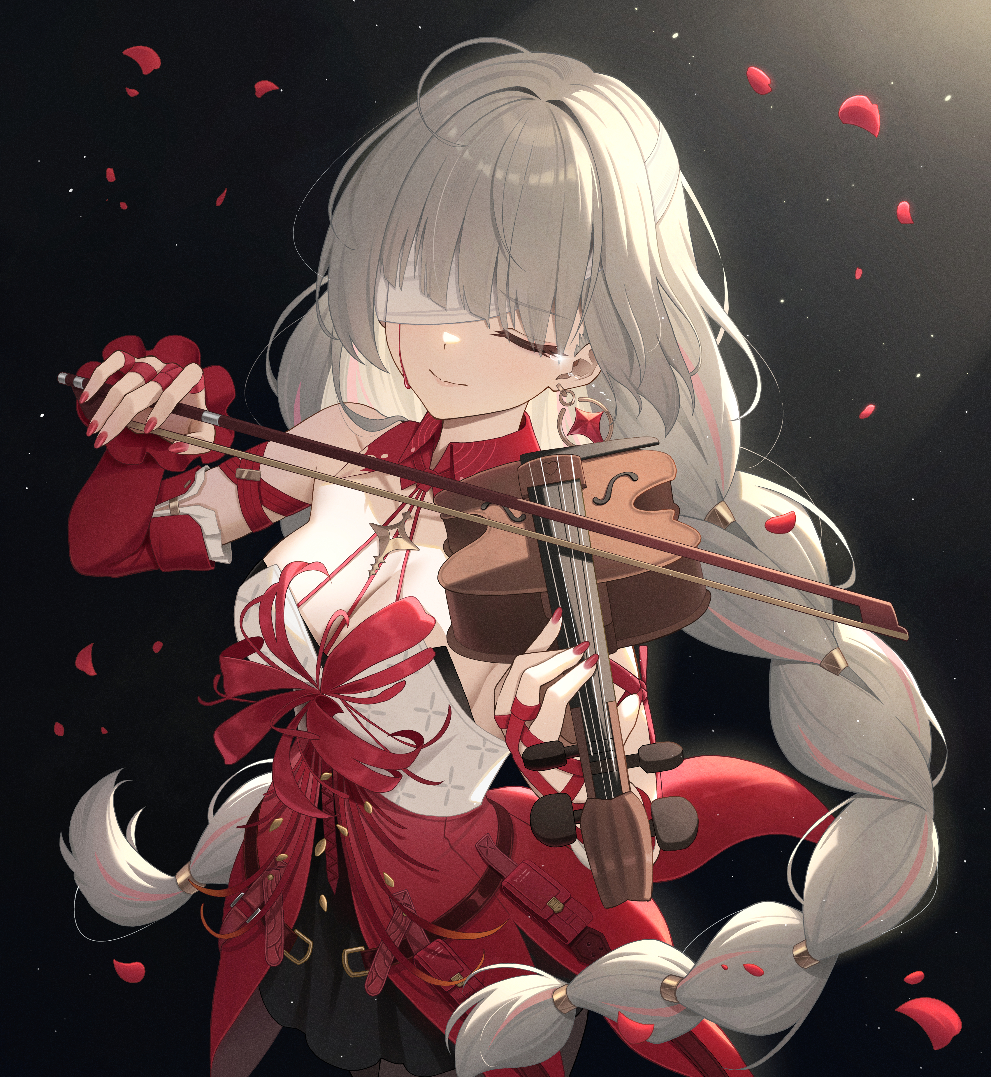 keikei (kitty colors), phrolova (wuthering waves), wuthering waves, absurdres, commentary request, highres, 1girl, bandage over one eye, black skirt, blood, bloody tears, breasts, cleavage, closed eyes, closed mouth, dark background, detached sleeves, dress, earrings, fingernails, grey hair, hair over one eye, halter dress, halterneck, instrument, jewelry, long fingernails, long hair, medium breasts, multicolored hair, music, nail polish, playing instrument, red dress, red nails, red petals, single detached sleeve, skirt, solo, streaked hair, tearing up, violin