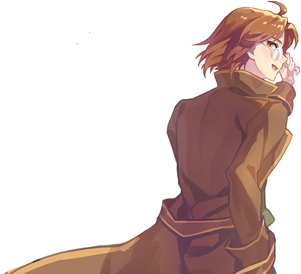 maximin liebkne, nexon, tales weaver, alpha transparency, artist request, official art, second-party source, 1boy, adjusting eyewear, ahoge, brown coat, brown eyes, brown hair, brown sleeves, coat, collared coat, cowboy shot, curtained hair, from behind, glasses, green vest, hand in pocket, happy, high collar, long sleeves, looking to the side, male focus, open mouth, profile, rimless eyewear, round eyewear, short hair, sideways mouth, simple background, sleeve cuffs, solo, straight hair, tongue, transparent background, trench coat, vest