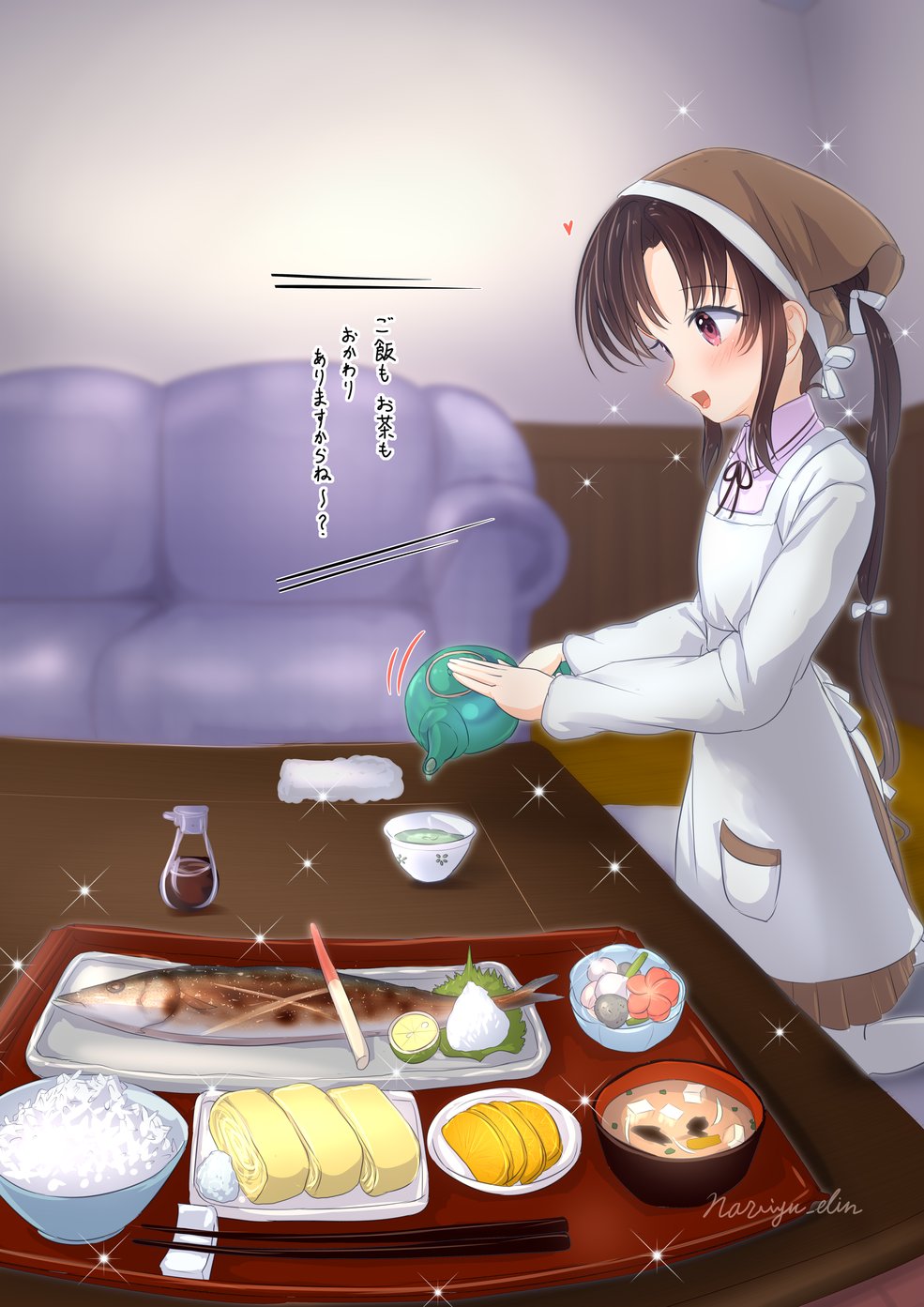 naviyu elin, nosaki (kancolle), kantai collection, commentary request, highres, translation request, 1girl, apron, bandana, black hair, bowl, brown bandana, brown eyes, couch, cowboy shot, fish, food, kappougi, long hair, long sleeves, nankai (kancolle), ponytail, rice, solo