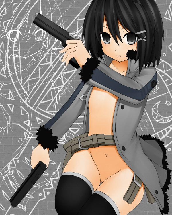 kochiya, kochiya (gothope), asagiri asagi, disgaea, makai senki disgaea 2, makai senki disgaea 3, nippon ichi, bad id, bad pixiv id, 1girl, belt, black hair, breasts, cleavage, coat, dual wielding, female focus, grey eyes, gun, handgun, holding, loli, navel, no panties, pistol, ribbon, small breasts, solo, thigh gap, thighhighs, weapon