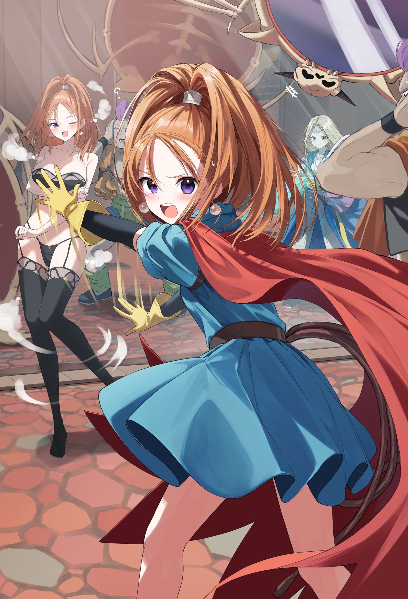 pentagon (railgun ky1206), dragon quest, dragon quest vi, character request, commentary request, highres, 2boys, 3girls, ;d, black bra, black gloves, black panties, black thighhighs, blue dress, blush, bra, breasts, brown hair, cape, dress, earrings, gloves, jewelry, layered gloves, lingerie, long hair, looking at viewer, multiple boys, multiple girls, one eye closed, open mouth, panties, puffy short sleeves, puffy sleeves, purple eyes, red cape, short sleeves, smile, teeth, thighhighs, underwear, upper teeth only, yellow gloves