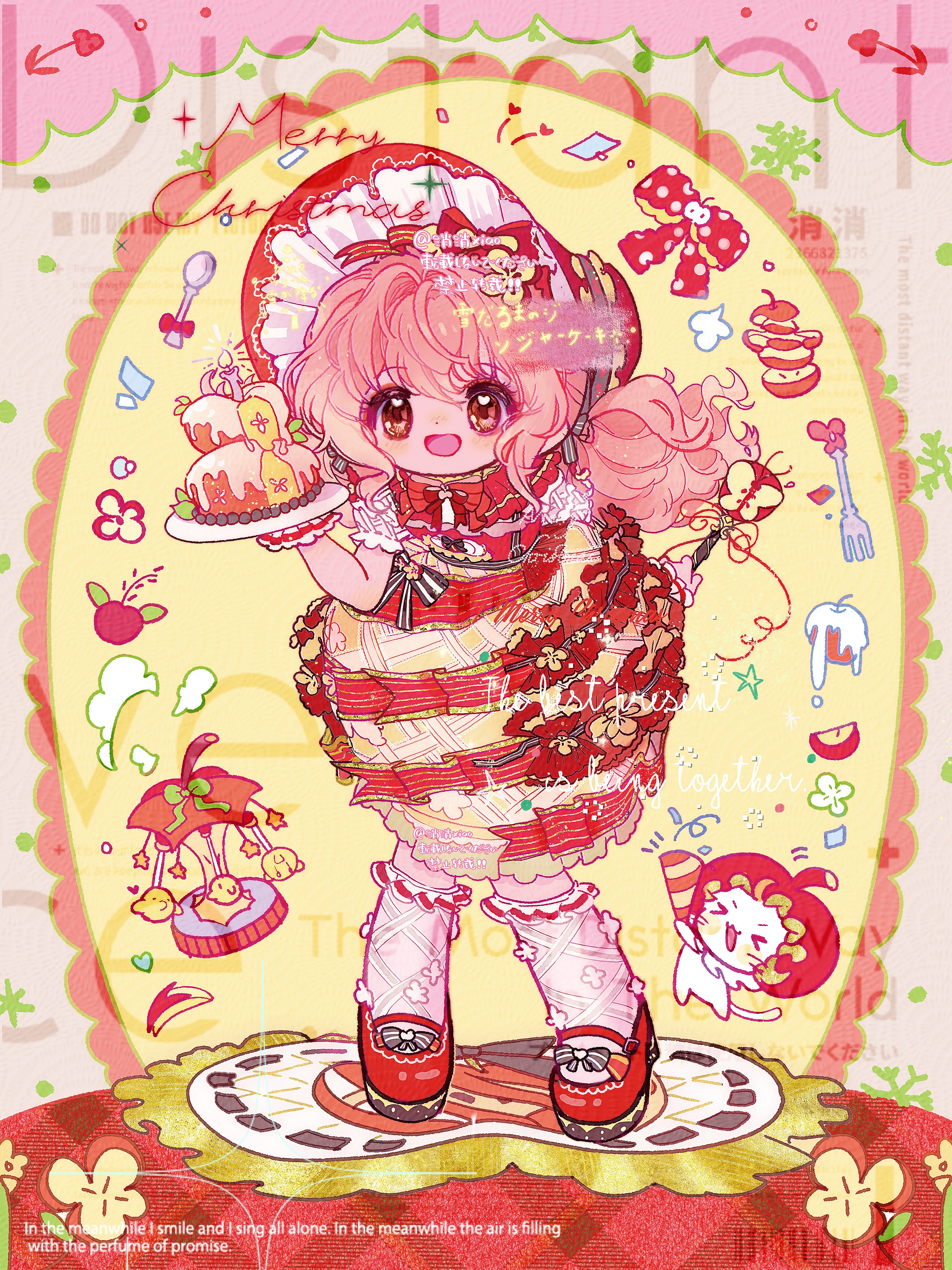 fadesir, gifty (nikki), momo (nikki), nikki (nikki), sweet memories (infinity nikki), infinity nikki, nikki (series), absurdres, chinese commentary, commentary request, commission, highres, > <, alternate costume, animal, apple, apple core, apple slice, baby animal, bird, black bow, bonnet, bow, bowtie, brown eyes, bubble skirt, cake, capelet, carousel, cat, center frills, chick, clothed animal, dot nose, dress, eyelashes, food, food-themed clothes, food-themed hair ornament, footwear bow, frilled capelet, frilled dress, frilled headwear, frilled sleeves, frilled socks, frilled wrist cuffs, frills, fruit, grey background, hair between eyes, hair bow, hair intakes, hair ornament, heart, heart in eye, holding, holding plate, icing, kneehighs, leaning forward, light blush, long hair, looking at viewer, loose hair strand, low twintails, mary janes, open mouth, pink hair, plate, platform shoes, puffy short sleeves, puffy sleeves, red bonnet, red bow, red bowtie, red capelet, red dress, red shoes, sample watermark, shoes, short sleeves, skirt, smile, snowflakes, socks, spoon, stage, standing, striped bow, symbol in eye, tareme, too many watermarks, twintails, two-tone background, two-tone bow, two-tone dress, waist bow, watermark, wavy hair, white bow, white cat, white sleeves, white socks, white wrist cuffs, wrist cuffs, yellow background, yellow dress