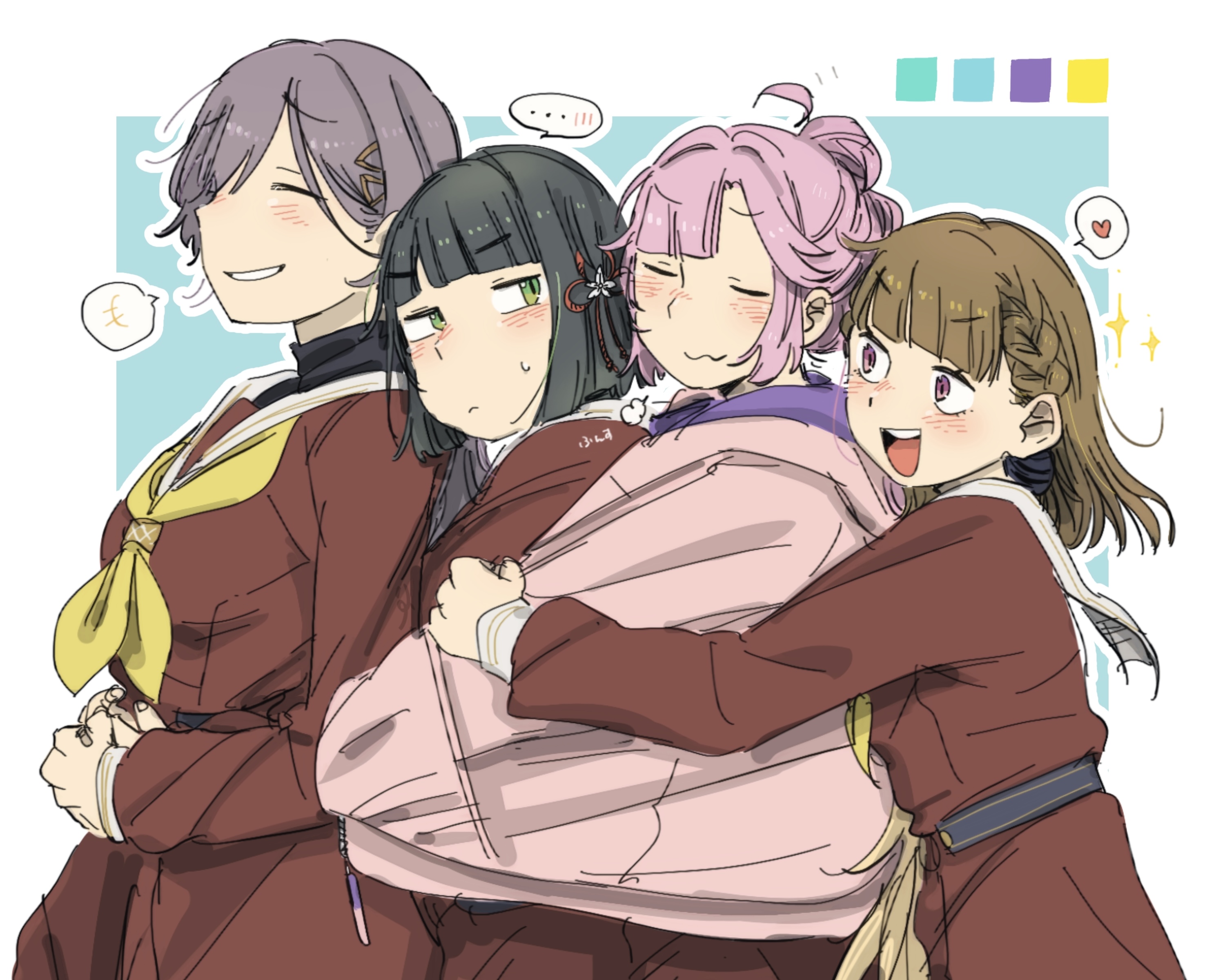 524ryo, anyoji hime, kachimachi kosuzu, katsuragi izumi, momose ginko, link! like! love live!, love live!, absurdres, commentary request, highres, +++, …, 4girls, :d, ahoge, black hair, blue background, blunt bangs, blunt ends, blush, bob cut, border, braid, breasts, brown dress, brown hair, center-flap bangs, closed eyes, dress, flower, flower knot, green eyes, grey hair, hair flower, hair ornament, hasu no shoushihenkei, hasu no sora school uniform, heart, hood, hooded jacket, jacket, jellyfish cut, long hair, long sleeves, medium breasts, multi-tied hair, multiple girls, neckerchief, open clothes, open jacket, open mouth, outline, outside border, pink eyes, pink hair, pink jacket, pleated dress, ponytail, sailor collar, sailor dress, school uniform, shared clothes, shared jacket, short hair, side braids, sidelocks, simple background, smile, sparkle, speech bubble, spoken +++, spoken ellipsis, spoken heart, triangle hair ornament, turtleneck, upper body, virtual youtuber, white border, white flower, white outline, white sailor collar, winter uniform, yellow neckerchief