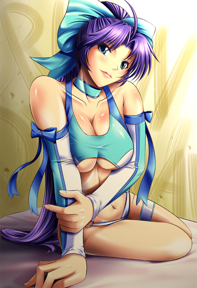 digdug006, dynamite rin, wrestle angels, wrestle angels survivor, wrestle angels survivor 2, 1girl, abs, blue eyes, breasts, choker, cleavage, detached sleeves, female focus, hair ribbon, large breasts, leotard, long hair, looking at viewer, purple hair, ribbon, sitting, smile, solo, thighs, underboob, wrestling outfit