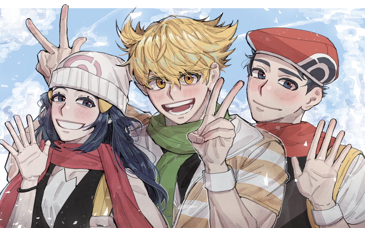 washing (psg011204), barry (pokemon), dawn (pokemon), lucas (pokemon), nintendo, pokemon, pokemon dppt, 1girl, 2boys, :d, beanie, blonde hair, blue eyes, blue hair, blue sky, bracelet, cloud, cloudy sky, day, double v, green scarf, grin, hair ornament, hairclip, hands up, hat, jacket, jewelry, long hair, looking at viewer, multiple boys, open mouth, outdoors, parallel hairclips, red hat, red scarf, scarf, short-sleeved jacket, short sleeves, sidelocks, sky, sleeveless, smile, striped clothes, striped jacket, v, waving, yellow bag, yellow eyes