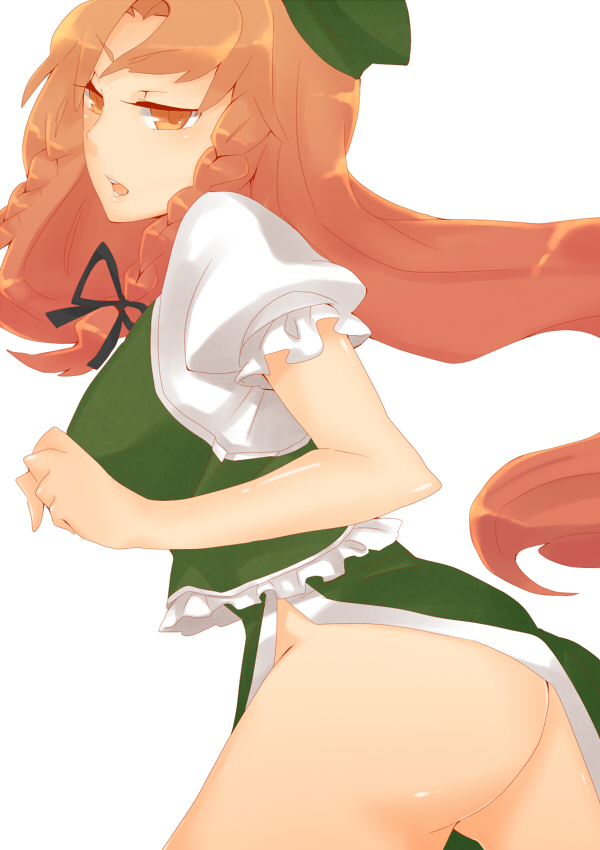 monmonji, hong meiling, embodiment of scarlet devil, touhou, bad id, bad pixiv id, 1girl, ass, beret, braid, breasts, female focus, hat, long hair, red eyes, red hair, simple background, skirt, solo, twin braids, white background