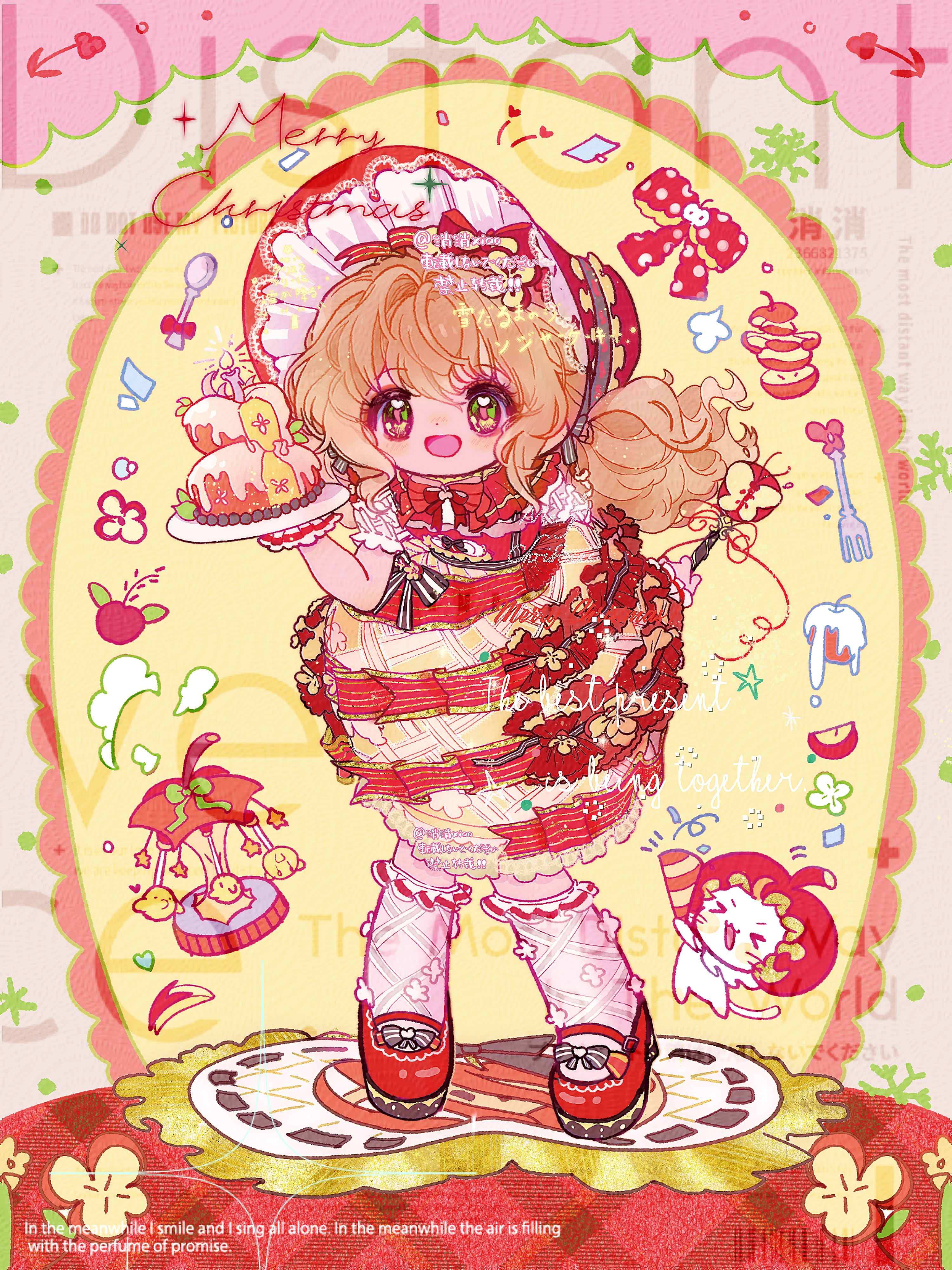 fadesir, gifty (nikki), momo (nikki), sweet memories (infinity nikki), infinity nikki, nikki (series), absurdres, chinese commentary, commentary request, commission, highres, > <, alternate costume, animal, apple, apple core, apple slice, baby animal, bird, black bow, blonde hair, bonnet, bow, bowtie, bubble skirt, cake, capelet, carousel, cat, center frills, chick, clothed animal, dot nose, dress, eyelashes, food, food-themed clothes, food-themed hair ornament, footwear bow, frilled capelet, frilled dress, frilled headwear, frilled sleeves, frilled socks, frilled wrist cuffs, frills, fruit, green eyes, grey background, hair between eyes, hair bow, hair intakes, hair ornament, heart, heart in eye, holding, holding plate, icing, kneehighs, leaning forward, light blush, long hair, looking at viewer, loose hair strand, low twintails, mary janes, open mouth, plate, platform shoes, puffy short sleeves, puffy sleeves, red bonnet, red bow, red bowtie, red capelet, red dress, red shoes, sample watermark, shoes, short sleeves, skirt, smile, snowflakes, socks, spoon, stage, standing, striped bow, symbol in eye, tareme, too many watermarks, twintails, two-tone background, two-tone bow, two-tone dress, waist bow, watermark, wavy hair, white bow, white cat, white sleeves, white socks, white wrist cuffs, wrist cuffs, yellow background, yellow dress