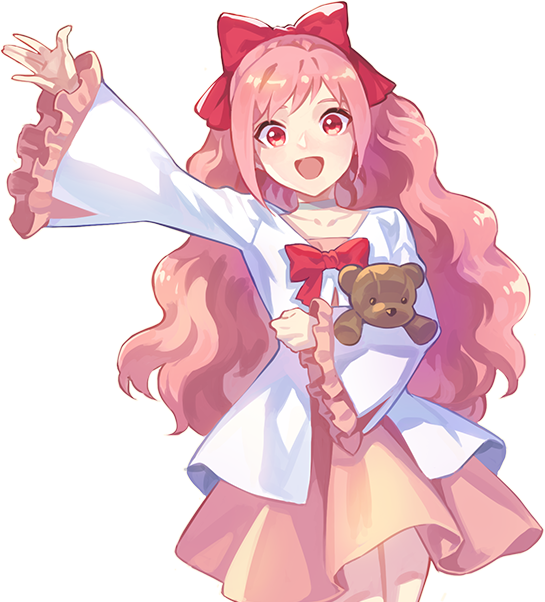 anais del caril, nexon, tales weaver, alpha transparency, artist request, official art, second-party source, 1girl, :d, ||/, arm up, bow, choker, clenched hand, coat, coat bow, collarbone, cowboy shot, dress, frilled sleeves, frills, hair bow, half updo, happy, holding, holding stuffed toy, long hair, long sleeves, looking at viewer, medium dress, open hand, open mouth, outstretched arm, pink dress, pink eyes, pink hair, pink sleeves, ponytail, red bow, side slit, sidelocks, simple background, smile, solo, standing, stuffed animal, stuffed toy, tareme, teddy bear, tongue, transparent background, waving, wavy hair, white choker, white coat, white sleeves, wide sleeves