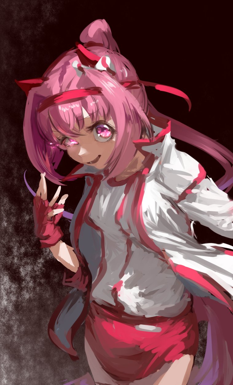 inishie kumo, haru urara (bestest prize) (umamusume), haru urara (umamusume), umamusume, highres, 1girl, animal ears, blush, bow, buruma, ear bow, ear covers, flower-shaped pupils, flower in eye, gloves, hairband, headband, horse ears, horse girl, horse tail, jacket, long hair, looking at viewer, open mouth, pink buruma, pink eyes, pink hair, pink headband, ponytail, red buruma, red gloves, red headband, shirt, smile, solo, symbol-shaped pupils, symbol in eye, tail