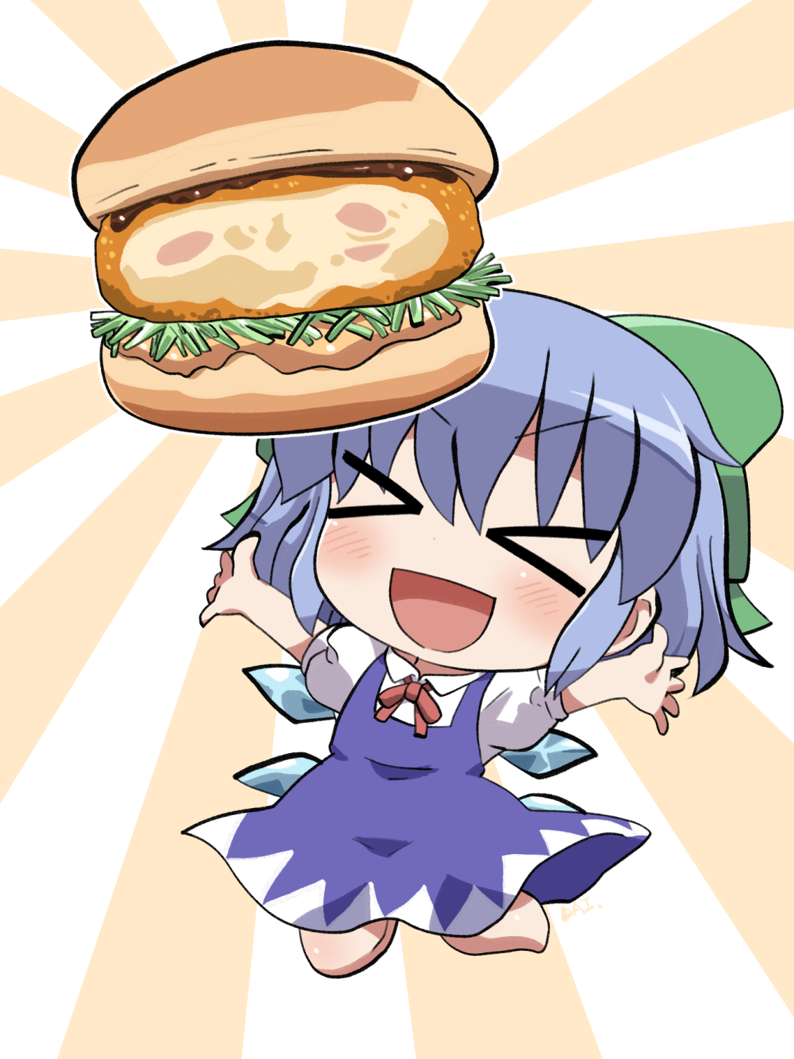 rokugou daisuke, cirno, touhou, commentary, highres, > <, 1girl, :d, barefoot, blue bow, blue dress, blue hair, blush, bow, burger, chibi, chibi only, closed eyes, collared shirt, dress, food, full body, gracoro, hair bow, neck ribbon, open mouth, outstretched arms, pinafore dress, red ribbon, ribbon, shirt, short hair, short sleeves, signature, sleeveless, sleeveless dress, smile, solo, sunburst, sunburst background, v-shaped eyebrows, white shirt, xd, yellow background