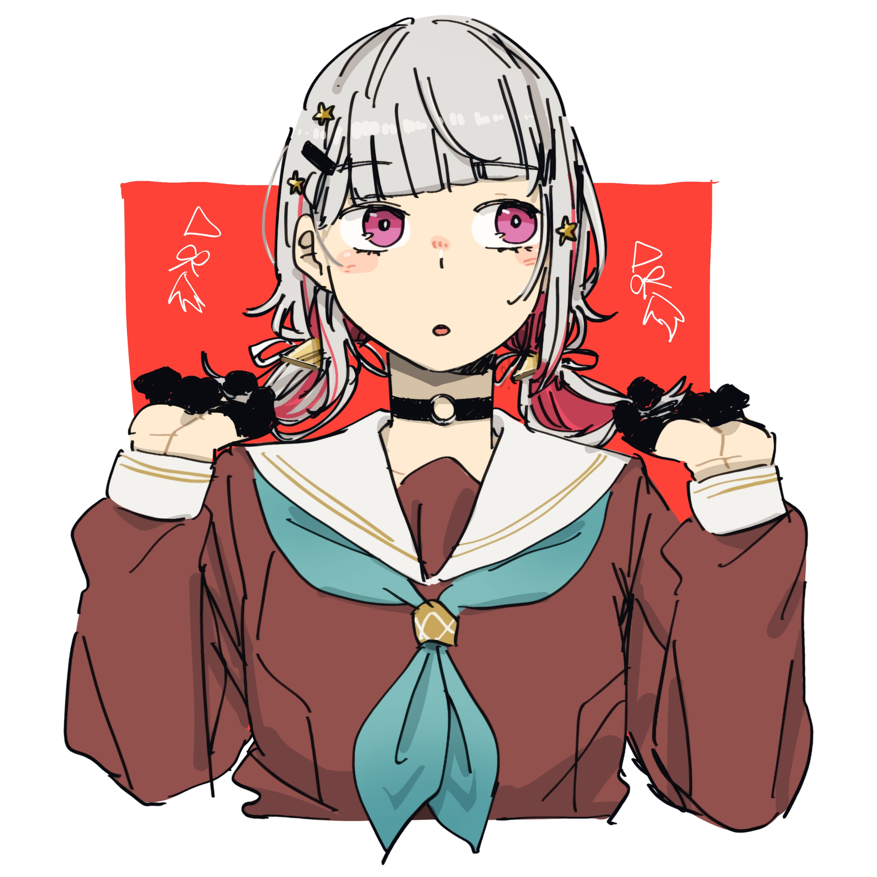 524ryo, yugiri tsuzuri, link! like! love live!, love live!, absurdres, commentary request, highres, 1girl, :o, aqua neckerchief, black choker, black gloves, border, brown dress, choker, colored inner hair, dress, gloves, grey hair, hair ornament, hairclip, half gloves, hasu no sora school uniform, long sleeves, low twintails, medium hair, multicolored hair, neckerchief, o-ring, o-ring choker, official alternate hairstyle, on your mark (love live!), outside border, parted lips, pink eyes, red background, red hair, red streaks, sailor collar, sailor dress, school uniform, short twintails, simple background, solo, star (symbol), star hair ornament, streaked hair, twintails, virtual youtuber, white border, white sailor collar, winter uniform