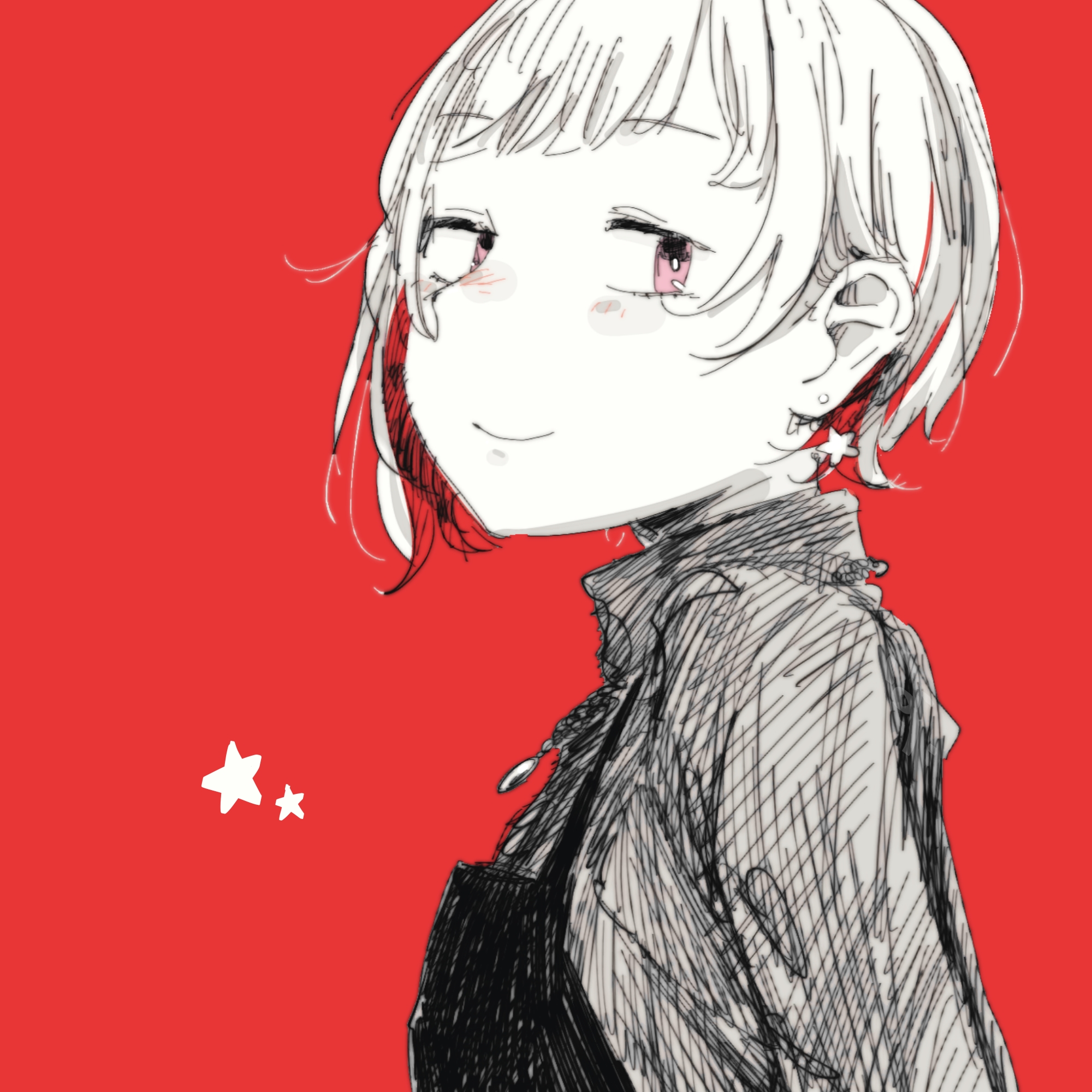 524ryo, yugiri tsuzuri, yugiri tsuzuri (post-graduation), link! like! love live!, love live!, commentary request, highres, 1girl, closed mouth, earrings, greyscale with colored background, jewelry, long sleeves, looking at viewer, official alternate costume, pink eyes, red background, simple background, smile, solo, spot color, star (symbol), star earrings, sweater, turtleneck, turtleneck sweater, upper body, virtual youtuber