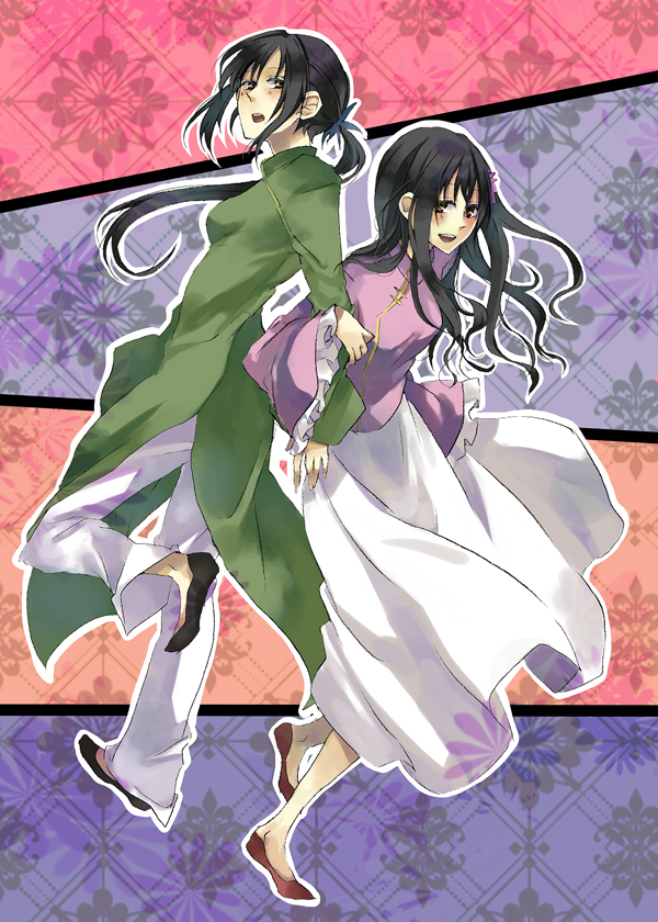 38page, sumi (38page), taiwan (hetalia), vietnam (hetalia), axis powers hetalia, bad id, bad pixiv id, 00s, 2girls, ao dai, arm hug, arm latch, black hair, brown eyes, changpao, chinese clothes, flats, flower, hair flower, hair ornament, long hair, long skirt, multiple girls, ponytail, skirt
