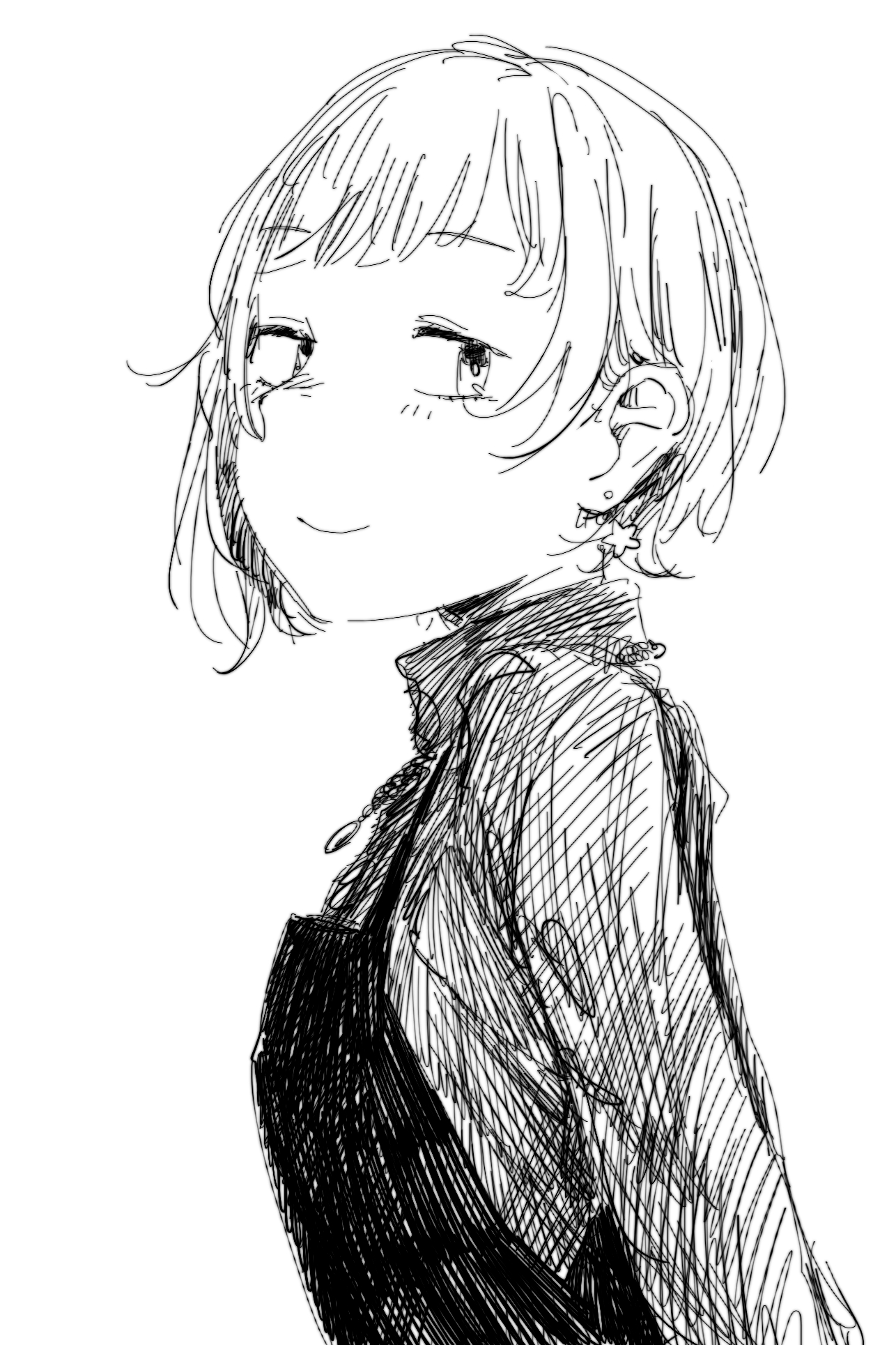 524ryo, yugiri tsuzuri, yugiri tsuzuri (post-graduation), link! like! love live!, love live!, commentary request, highres, 1girl, closed mouth, earrings, greyscale, jewelry, long sleeves, looking at viewer, monochrome, official alternate costume, simple background, smile, solo, star (symbol), star earrings, sweater, turtleneck, turtleneck sweater, upper body, virtual youtuber, white background