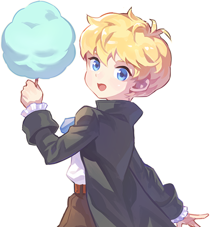 nexon, tales weaver, alpha transparency, artist request, lowres, official art, second-party source, 1boy, antenna hair, ascot, belt, belted shorts, black coat, black sleeves, blonde hair, blue ascot, blue eyes, brown belt, brown shorts, coat, cotton candy, cowboy shot, dress, food, high collar, holding, holding cotton candy, holding food, light blush, long sleeves, looking at viewer, male focus, nocturne de vien, open clothes, open coat, open mouth, shirt, shirt tucked in, short dress, short hair, shorts, simple background, tongue, transparent background, white shirt