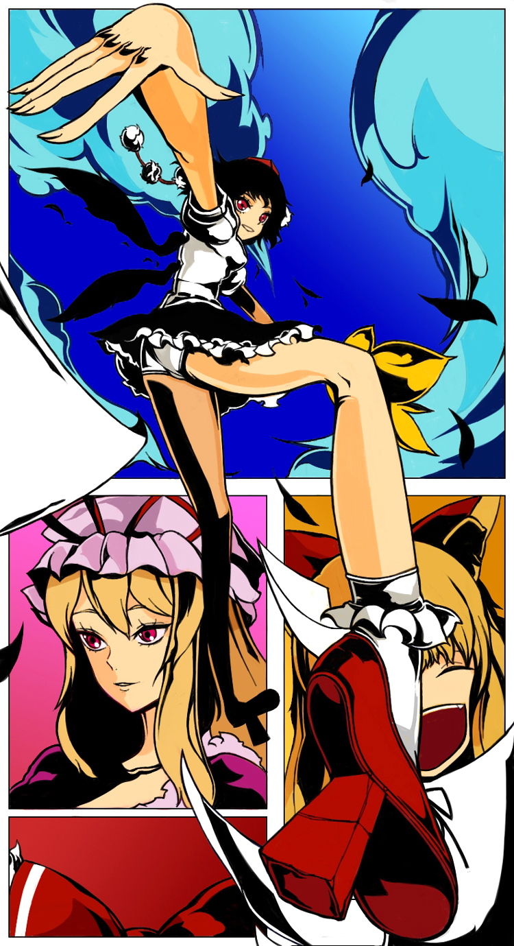 kakaaru, ibuki suika, shameimaru aya, yakumo yukari, touhou, bad id, bad pixiv id, highres, 3girls, cloud, female focus, foreshortening, geta, hat, leaf, multiple girls, panties, pantyshot, ribbon, socks, tengu-geta, tokin hat, underwear