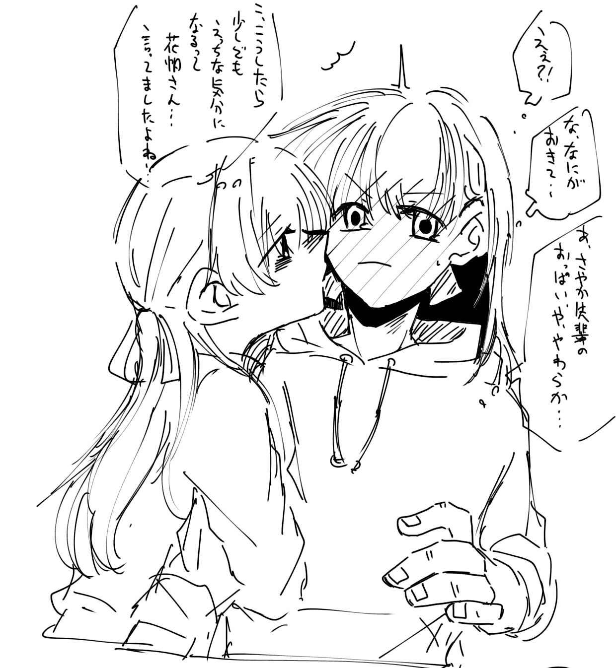 tama jirou (tamaru0225), kachimachi kosuzu, murano sayaka, link! like! love live!, love live!, commentary, highres, symbol-only commentary, translation request, 2girls, arm hug, blush, closed mouth, dollchestra, frown, full-face blush, greyscale, half updo, hatching (texture), hood, hood down, hoodie, linear hatching, long hair, looking at another, monochrome, multiple girls, profile, simple background, speech bubble, thought bubble, upper body, virtual youtuber, white background, yuri