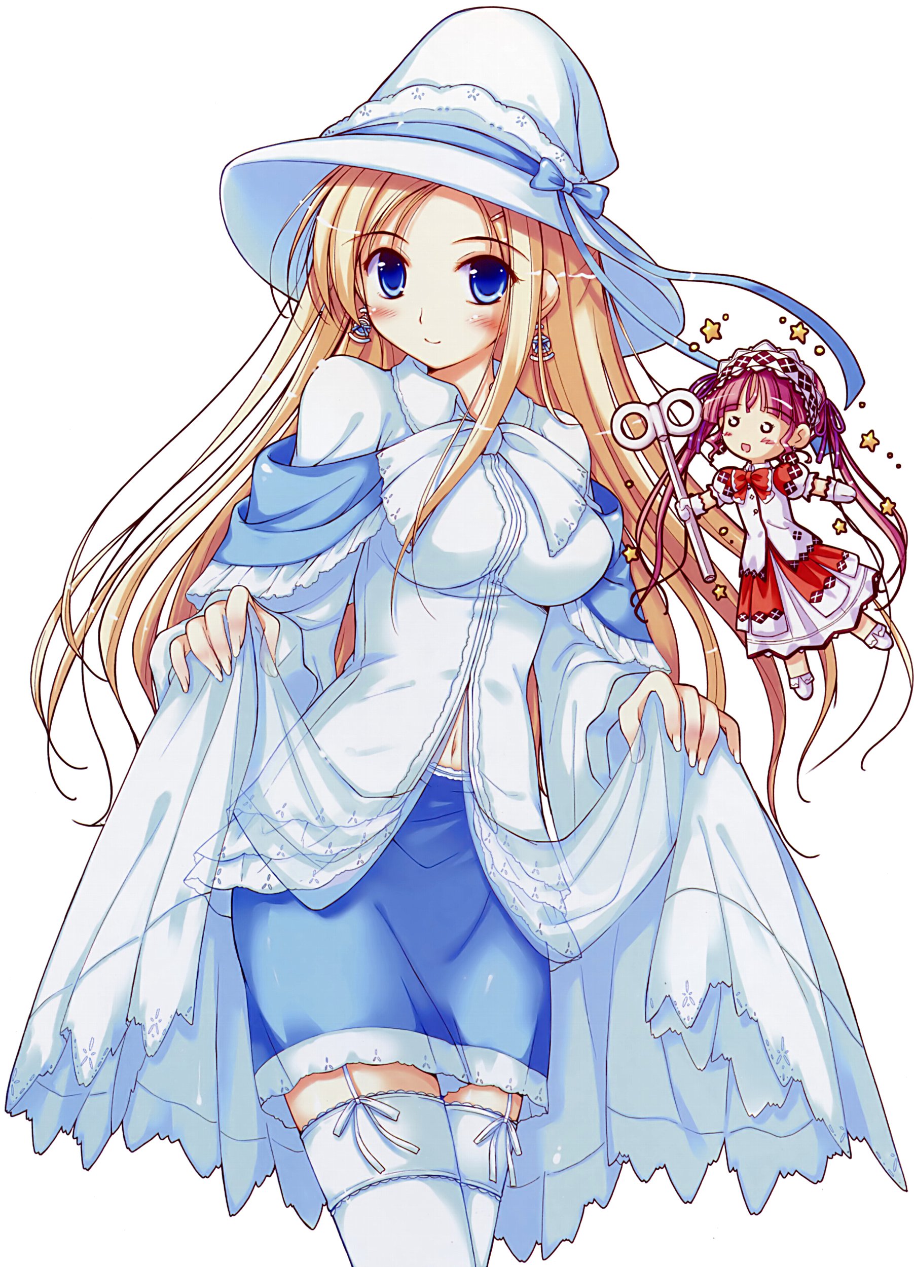 ko~cha, carina verritti, minette, shukufuku no campanella, absurdres, highres, blonde hair, blue eyes, bow, breasts, doll, dress, earrings, hat, jewelry, long hair, miniskirt, pink hair, ribbon, skirt, star (symbol), thighhighs, twintails