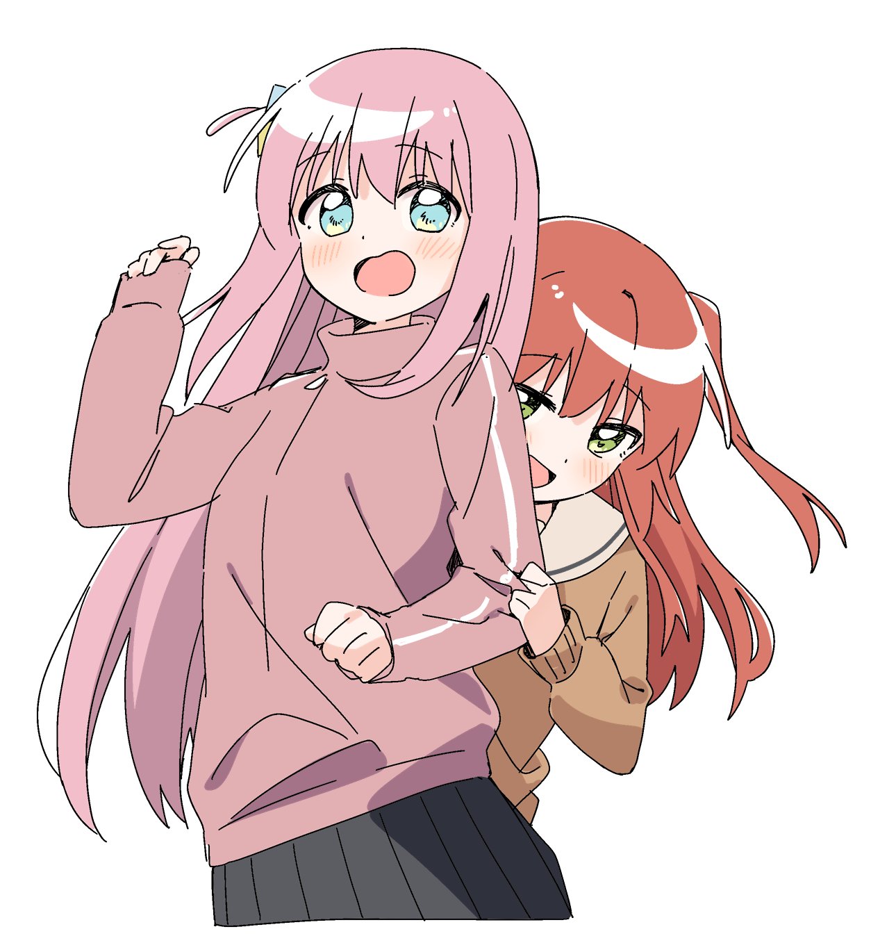 haru (konomi 150), gotoh hitori, kita ikuyo, bocchi the rock!, highres, 2girls, :d, black skirt, blue eyes, blush, brown sweater, cropped torso, cube hair ornament, green eyes, hair ornament, jacket, long hair, long sleeves, multiple girls, one side up, open mouth, pink hair, pink jacket, pleated skirt, red hair, sailor collar, school uniform, serafuku, shuka high school uniform, simple background, skirt, smile, sweater, track jacket, white background, white sailor collar